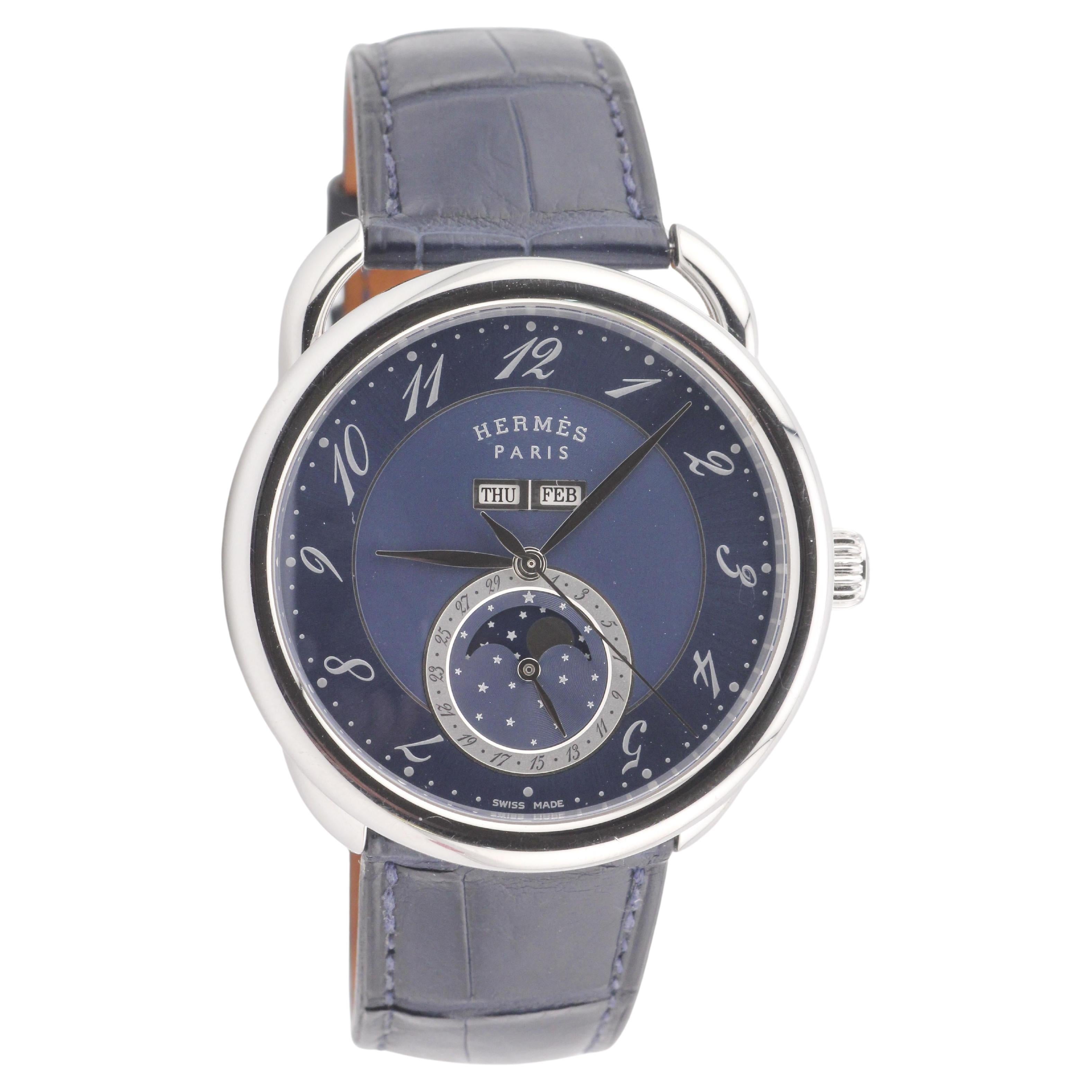 Hermes Arceau Grand Lune Triple Calendar Moonphase Steel Watch 43mm w/Box Papers