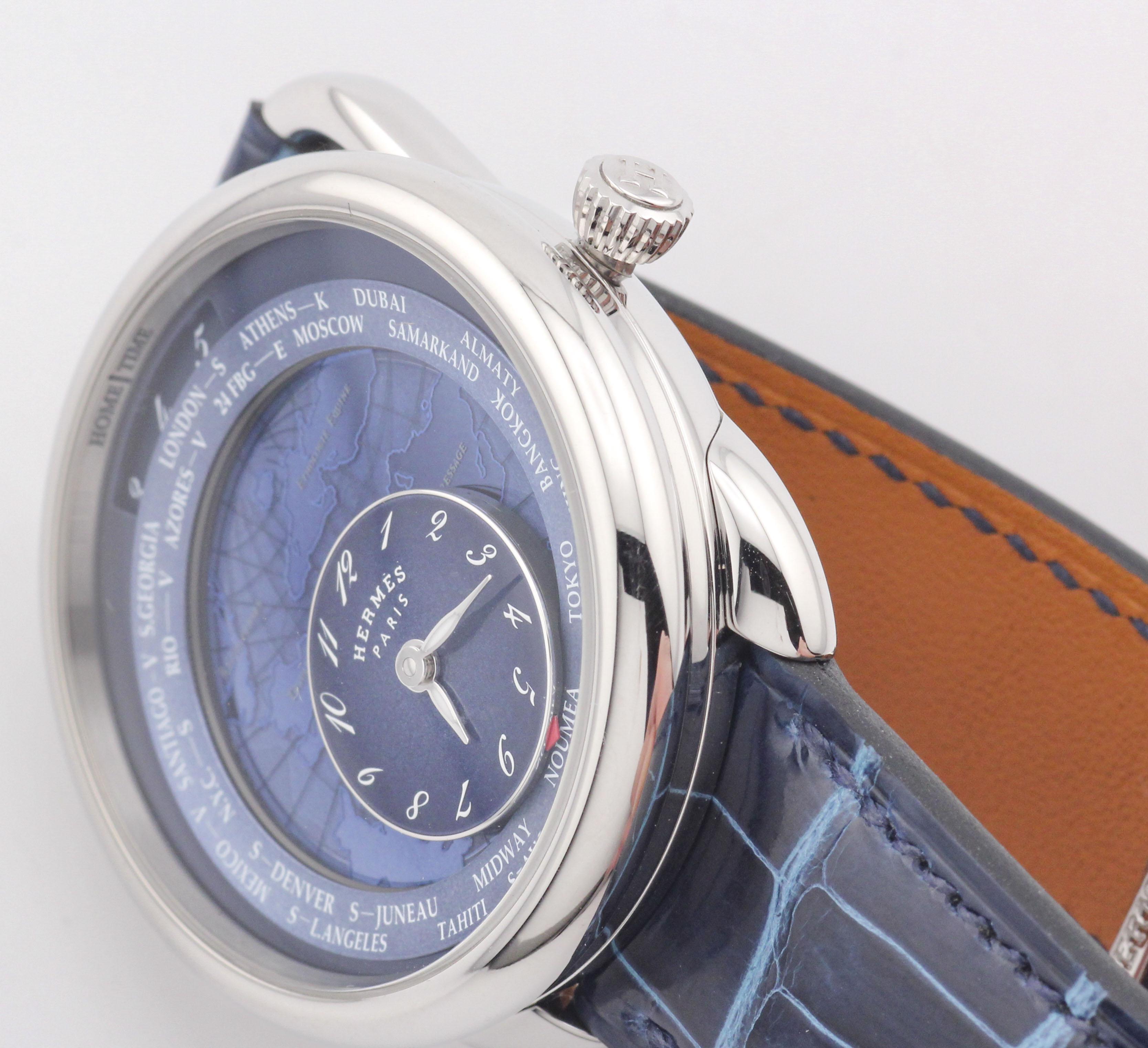 Hermes Arceau Le Temps Voyageur Dual Time Zone AR10.510 Automatikuhr aus Stahl im Angebot 6