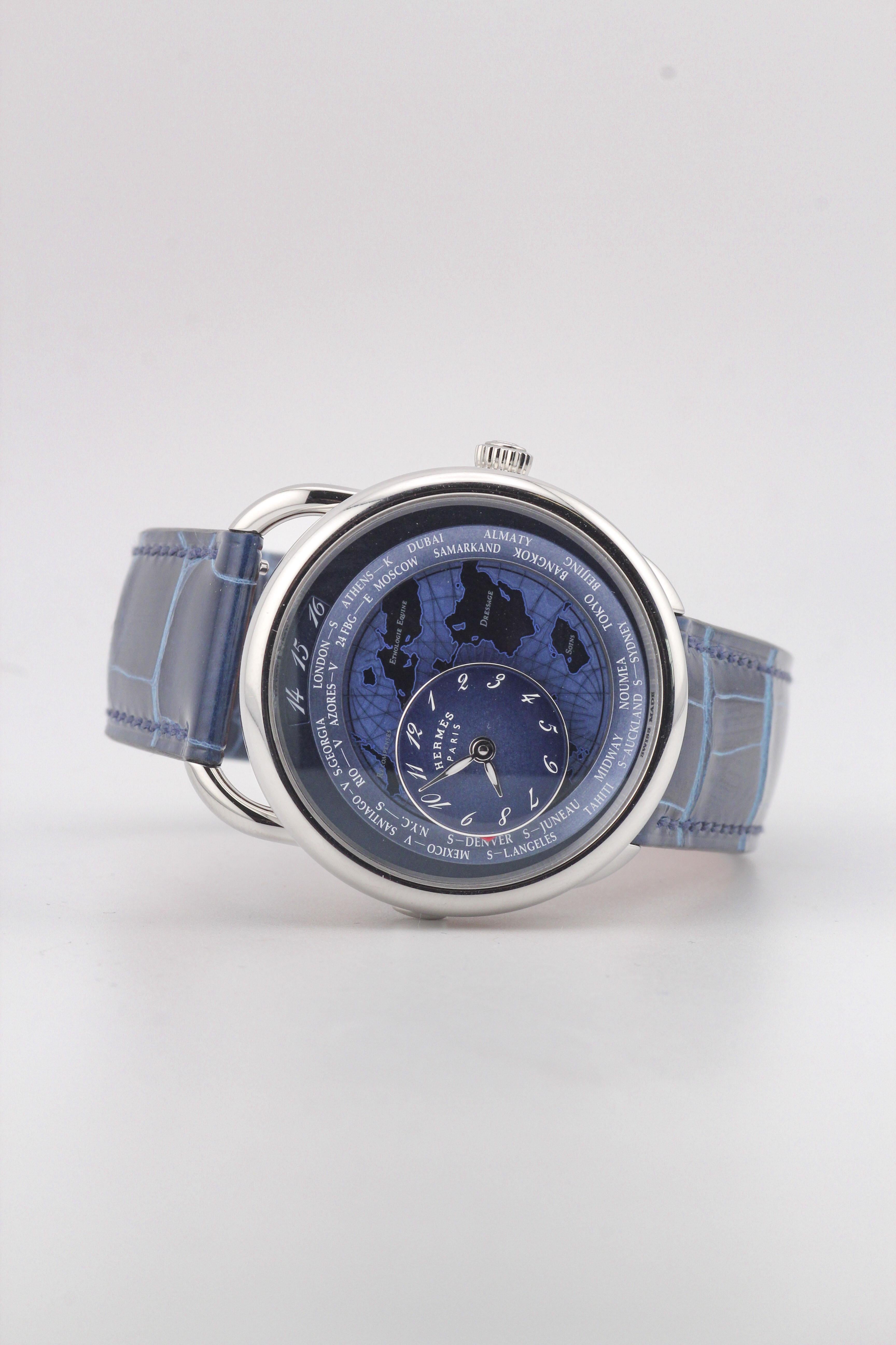 Hermes Arceau Le Temps Voyageur Dual Time Zone AR10.510 Automatikuhr aus Stahl im Angebot 9