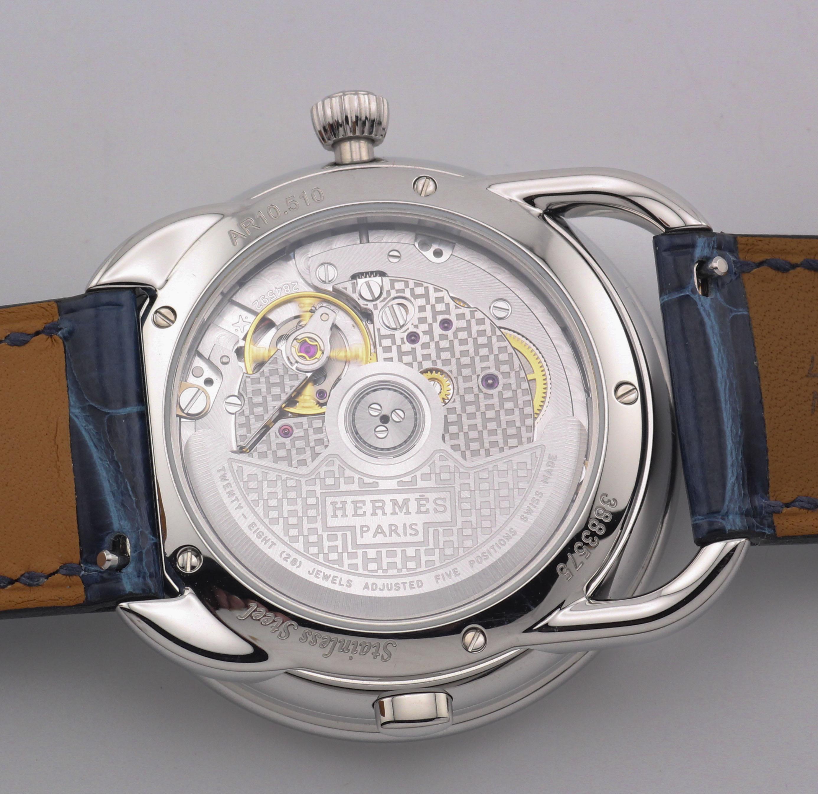 Hermes Arceau Le Temps Voyageur Dual Time Zone AR10.510 Automatikuhr aus Stahl im Angebot 2