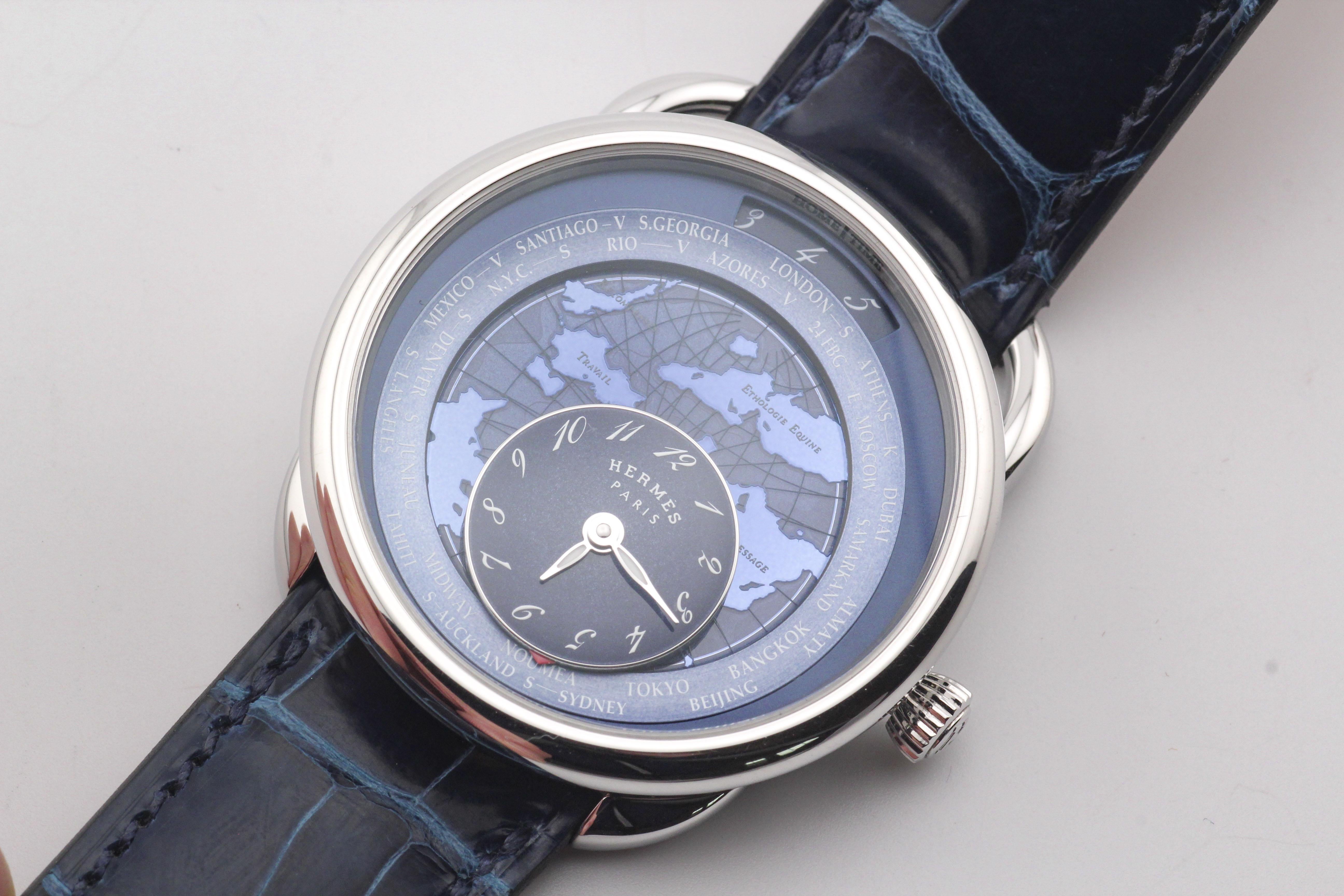 Hermes Arceau Le Temps Voyageur Dual Time Zone AR10.510 Automatikuhr aus Stahl im Angebot 3