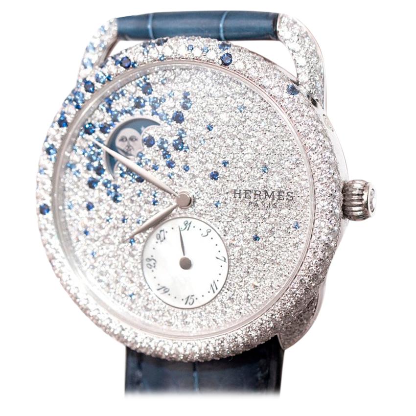 Hermés Arceau Petite Lune Watch with Sapphires and Diamonds For Sale