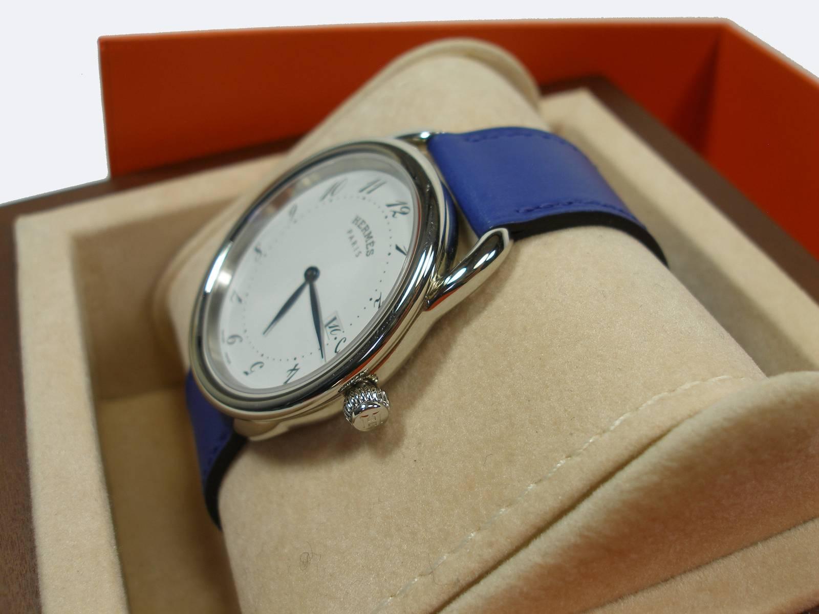 Hermès Arceau Stainless 38 mm Quartz Bracelet Veau Leather Bleu Electrique 8