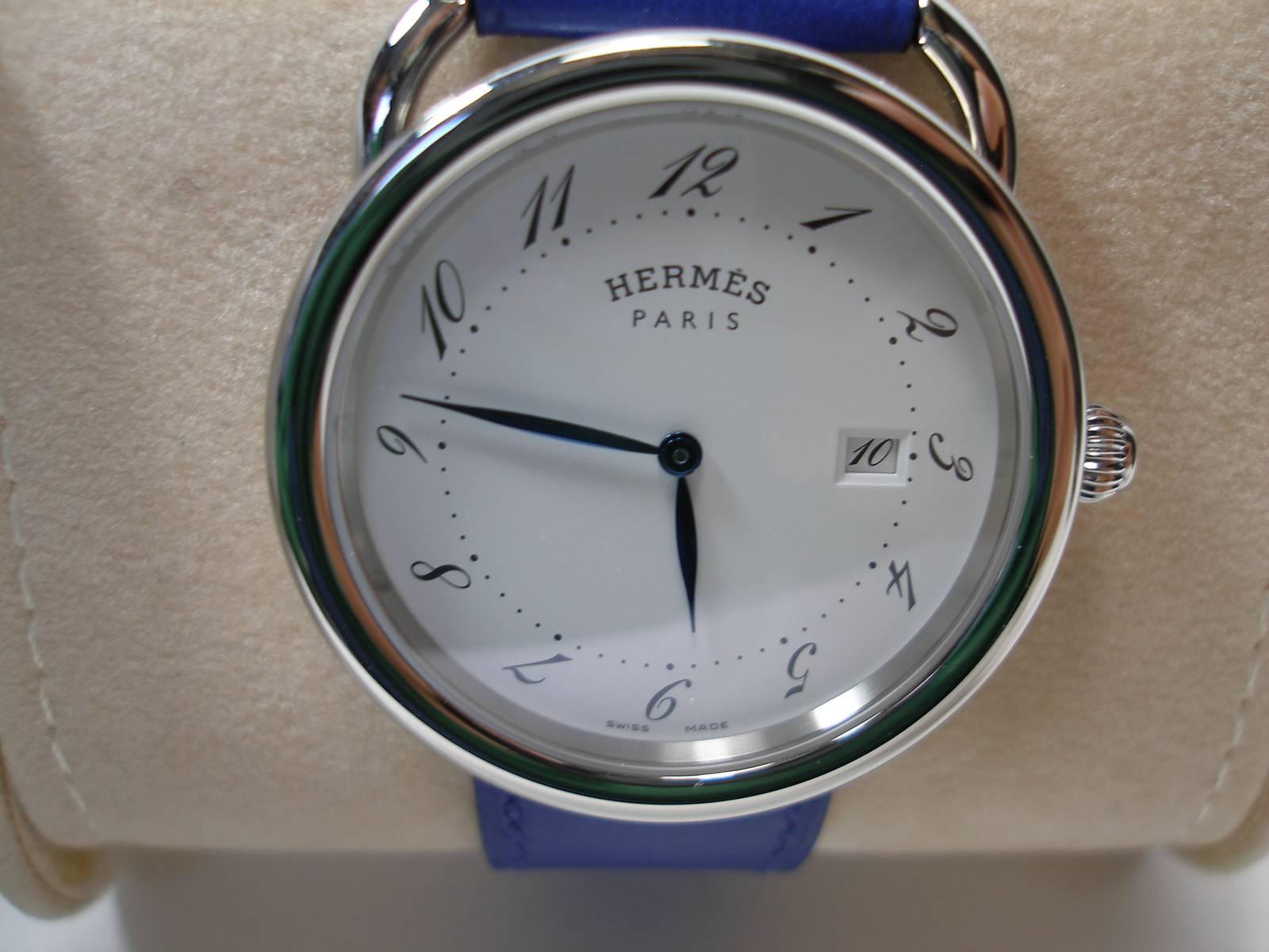 Hermès Arceau Stainless 38 mm Quartz Bracelet Veau Leather Bleu Electrique 11