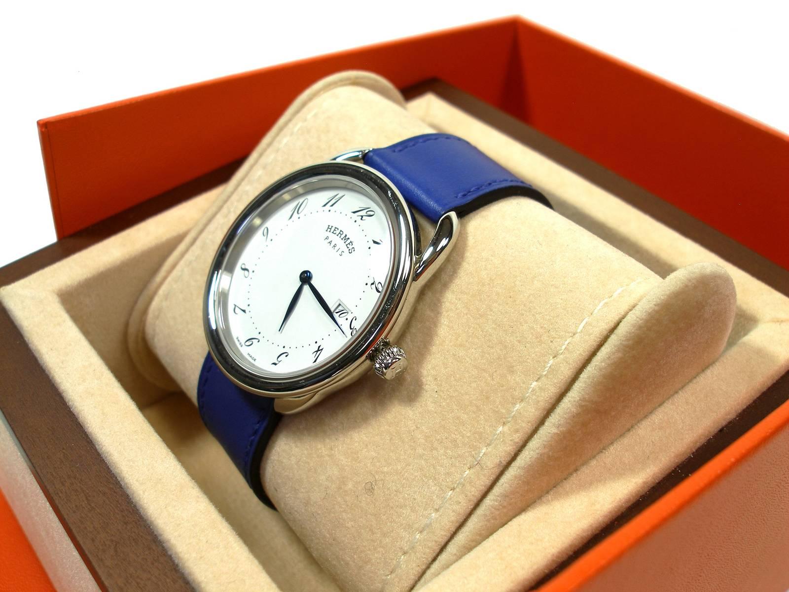 Hermès Arceau Stainless 38 mm Quartz Bracelet Veau Leather Bleu Electrique 12