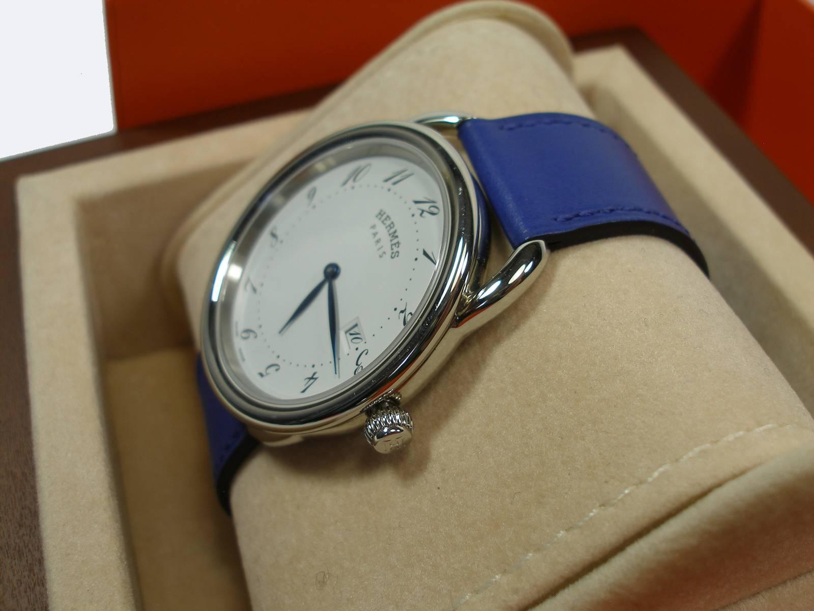 Hermès Arceau Stainless 38 mm Quartz Bracelet Veau Leather Bleu Electrique 13