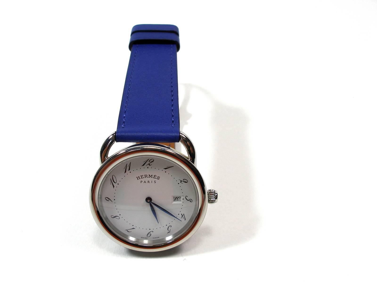 Hermès Arceau Stainless 38 mm Quartz Bracelet Veau Leather Bleu Electrique 1