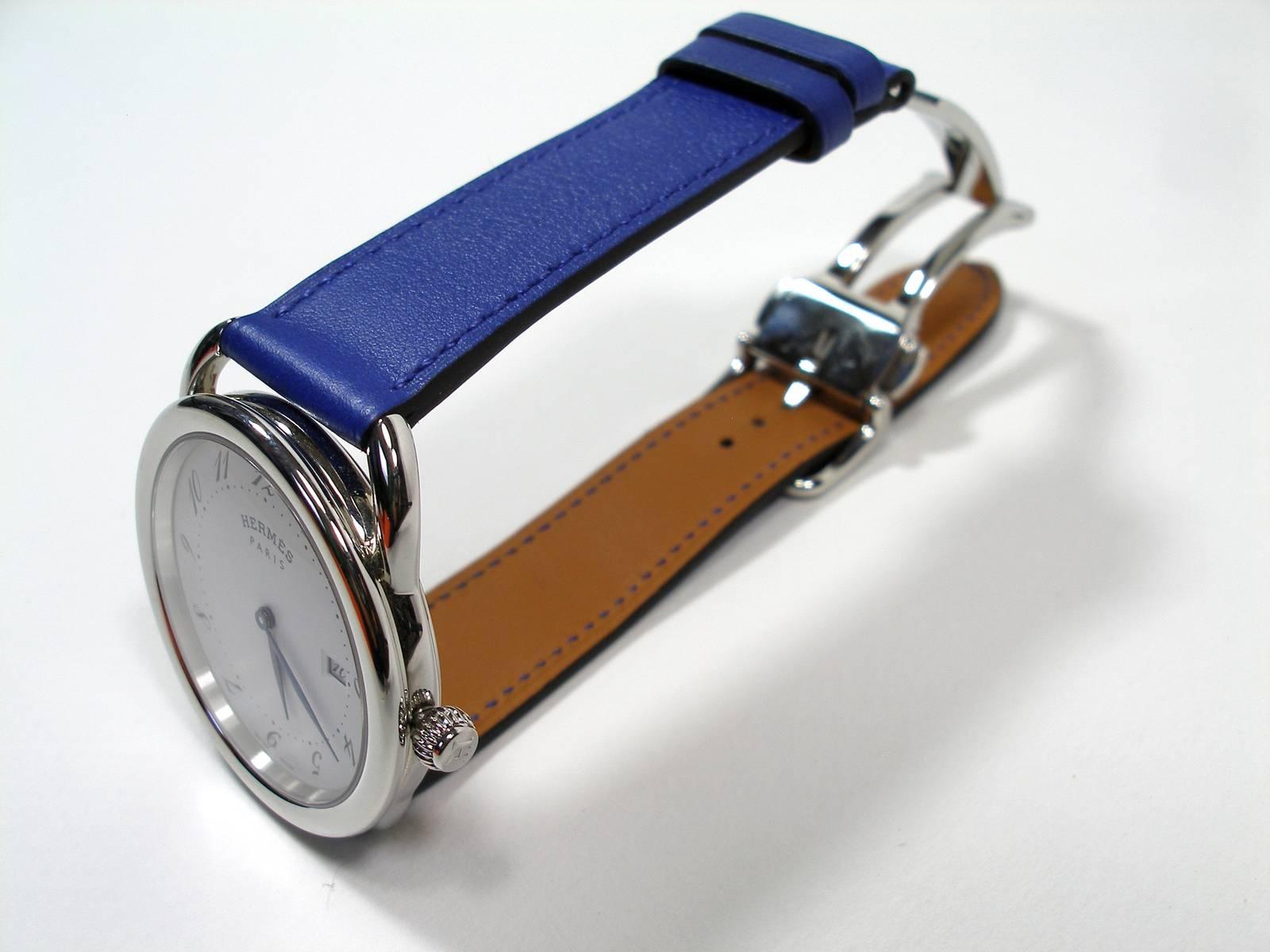 Hermès Arceau Stainless 38 mm Quartz Bracelet Veau Leather Bleu Electrique 2