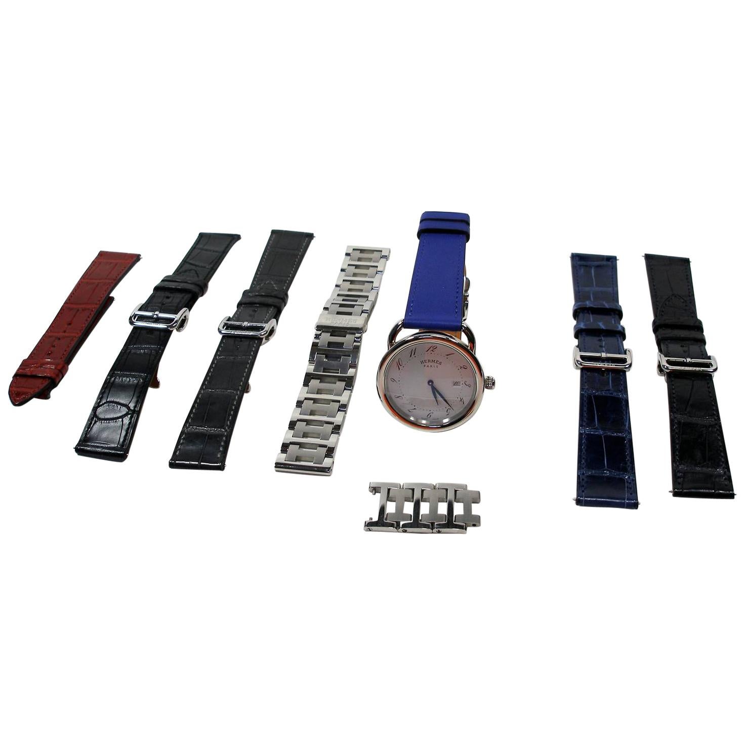 Hermès Arceau Stainless 38 mm Quartz Bracelet Veau Leather Bleu Electrique