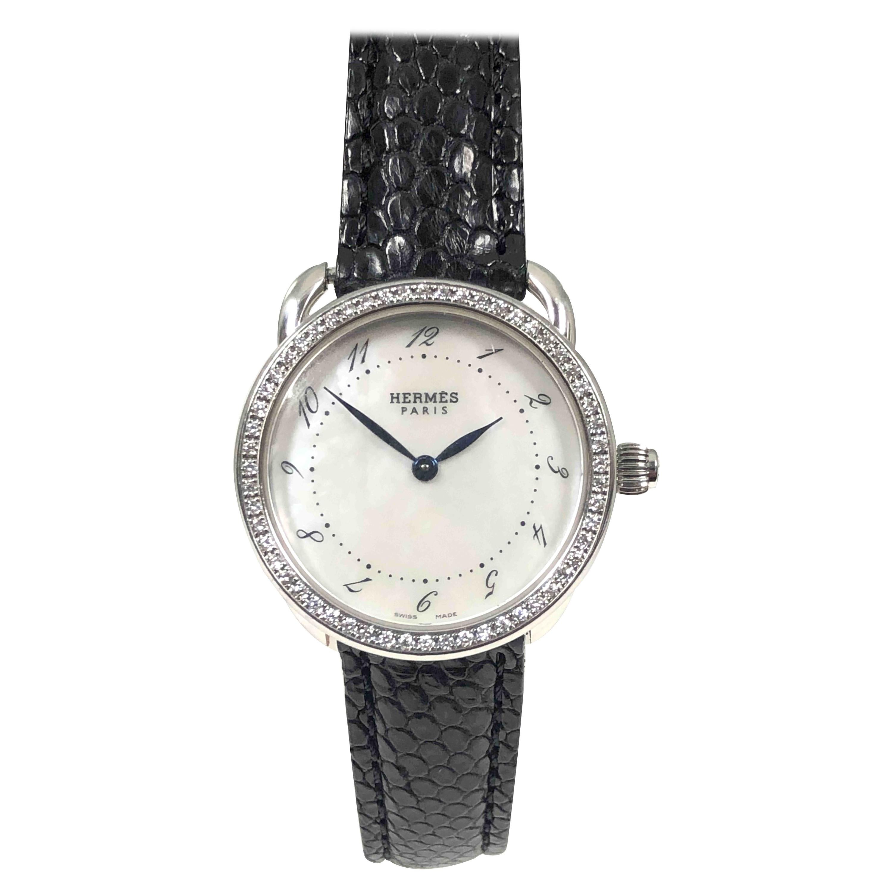Hermes Arceau Steel Diamond and Pearl Dial Quartz Wristwatch