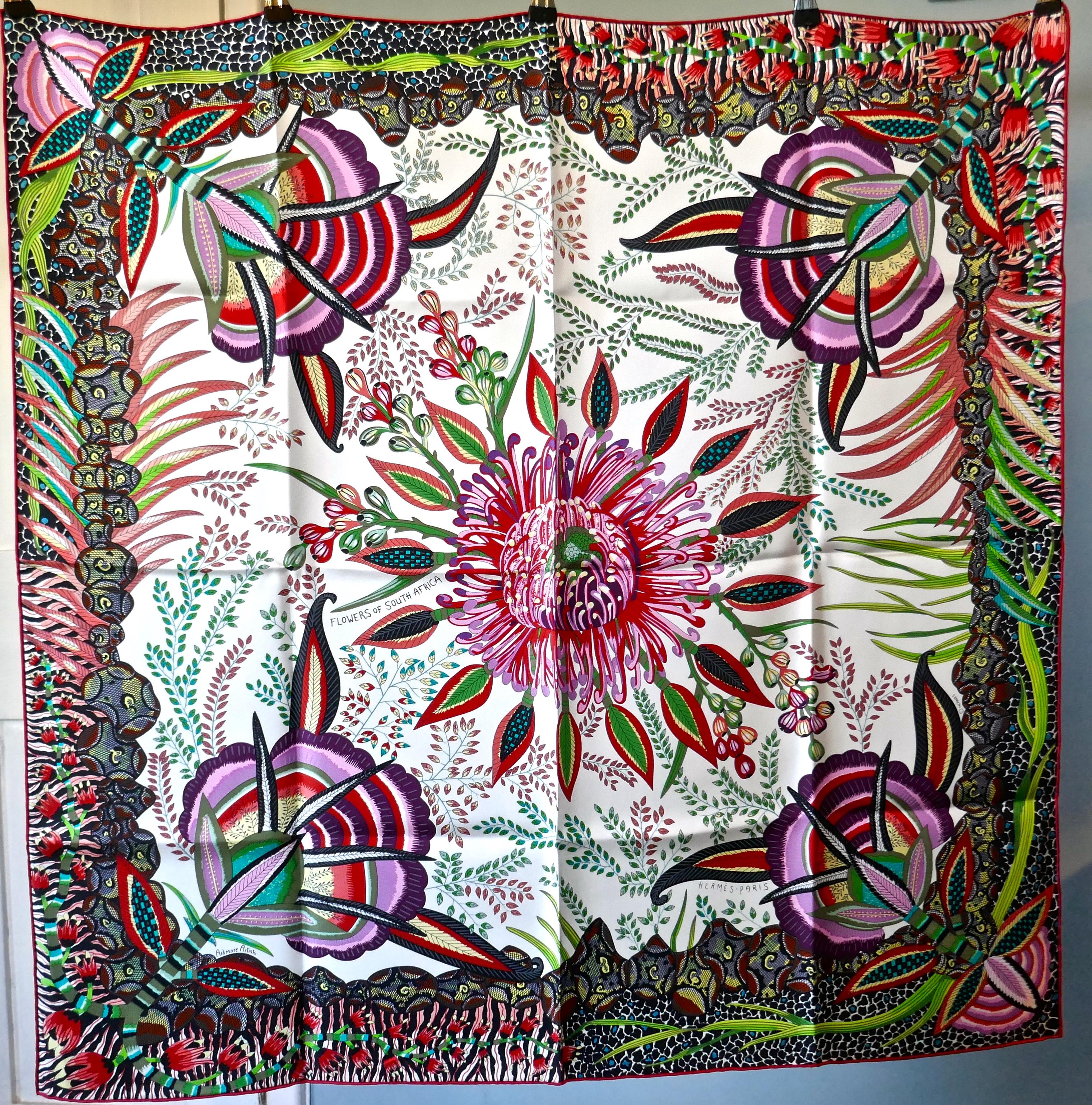 HERMÈS Ardmore Artists design “Flowers of South Africa” 100% Silk Scarf, 2016 In Excellent Condition In Chillerton, Isle of Wight