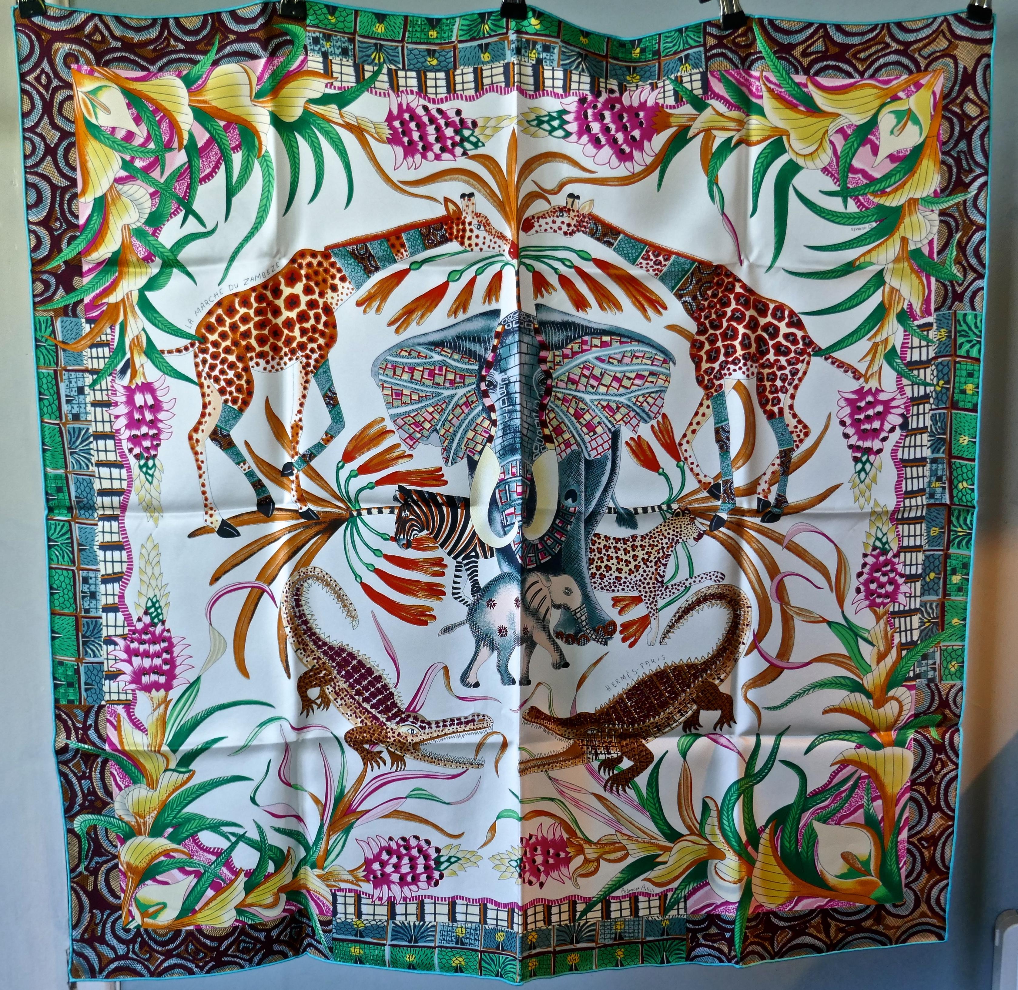 Women's HERMÈS Ardmore Artists design “La Marche du Zambeze” 100% Silk Scarf,  Animals