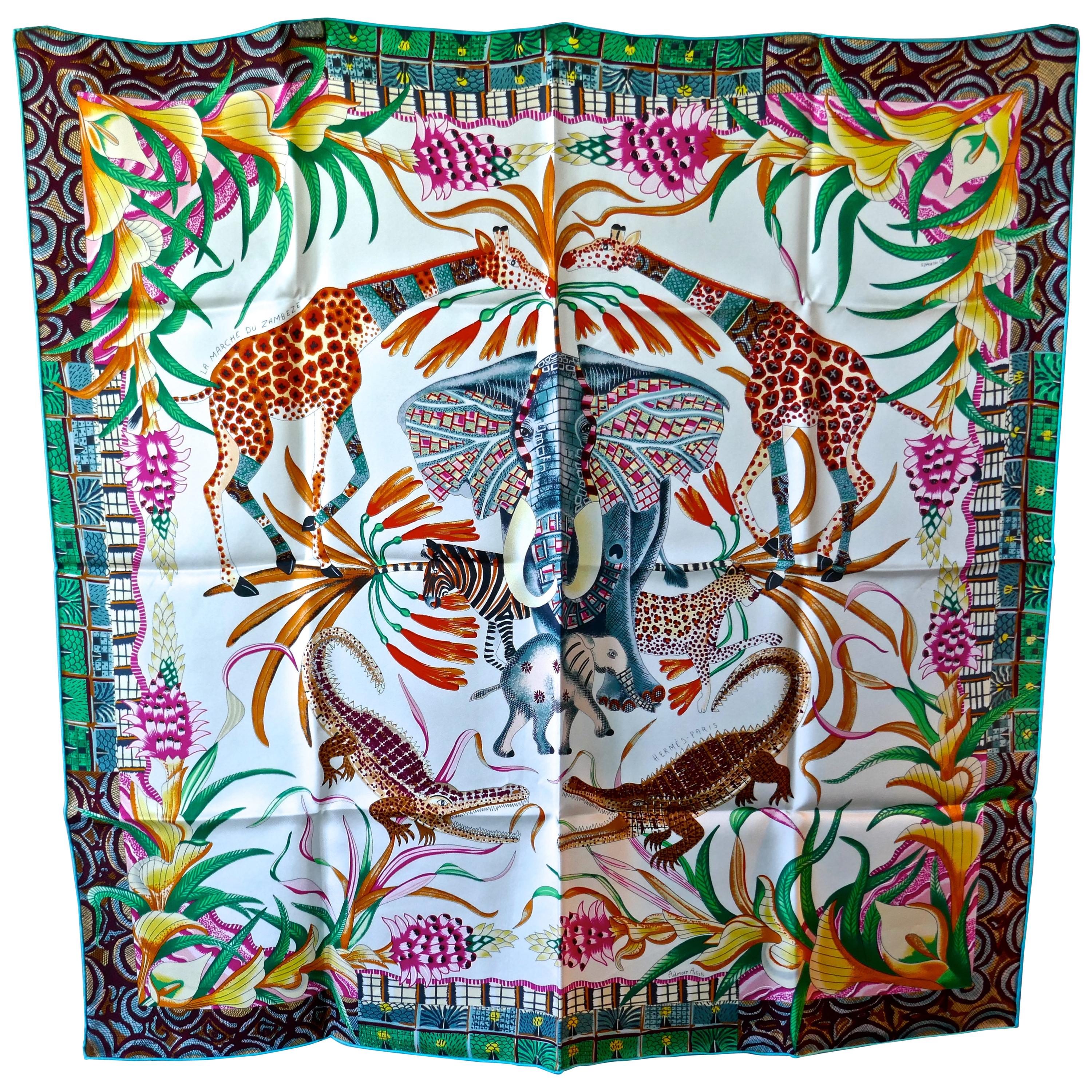 HERMÈS Ardmore Artists design “La Marche du Zambeze” 100% Silk Scarf,  Animals
