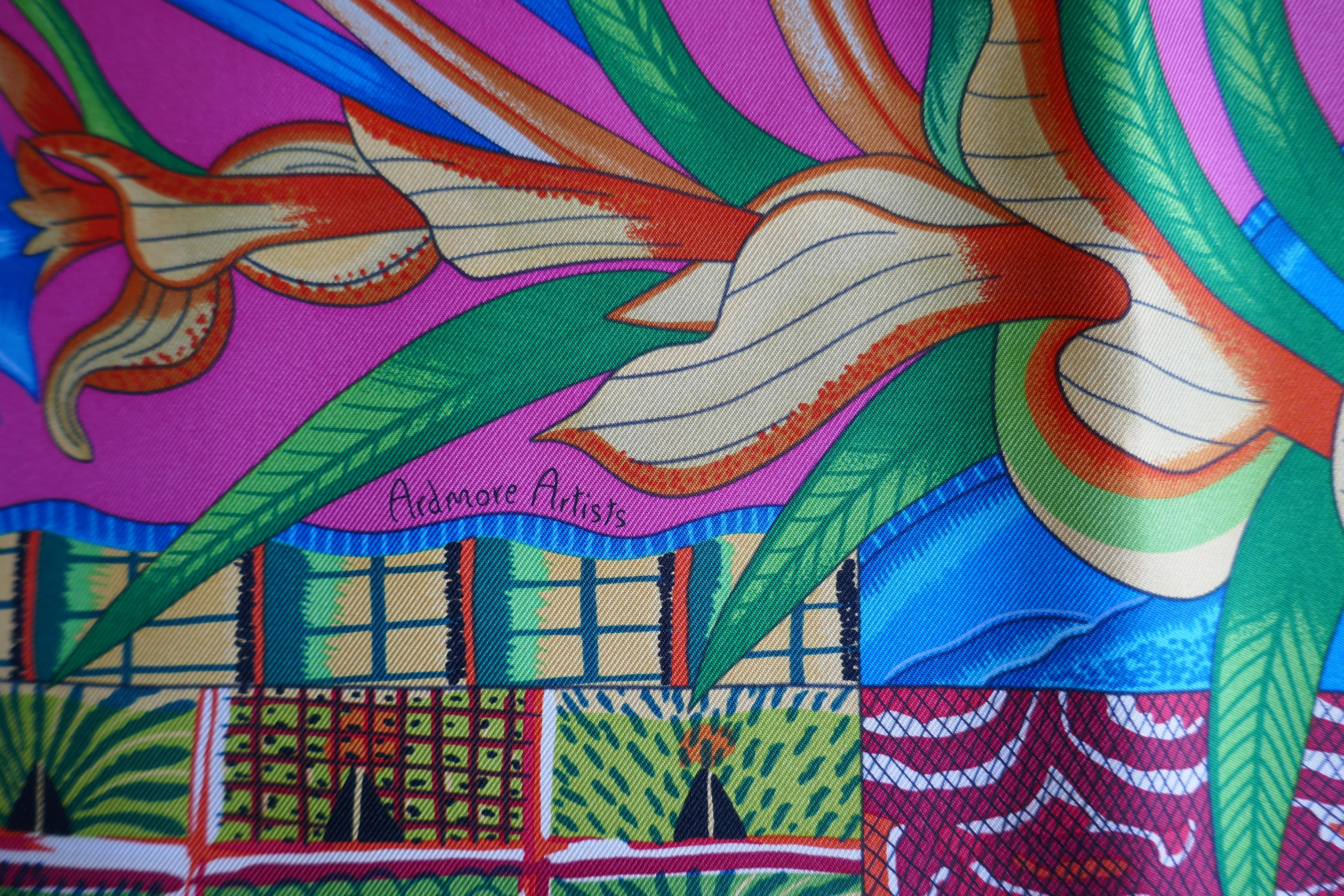 Pink HERMÈS Ardmore Artists design “La Marche du Zambeze” 100% Silk Scarf, 