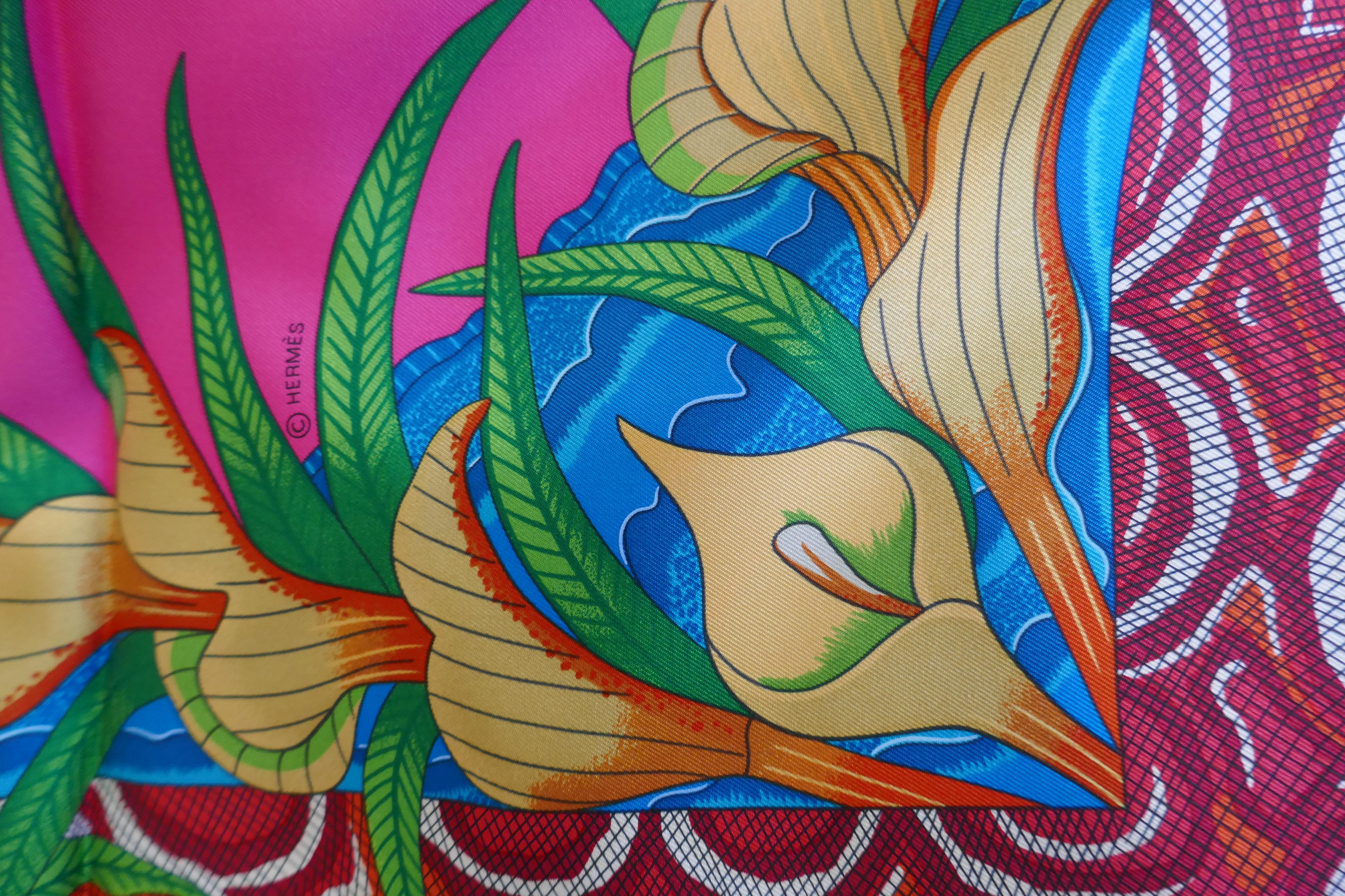 Brown HERMÈS Ardmore Artists design “La Marche du Zambeze” 100% Silk Scarf 