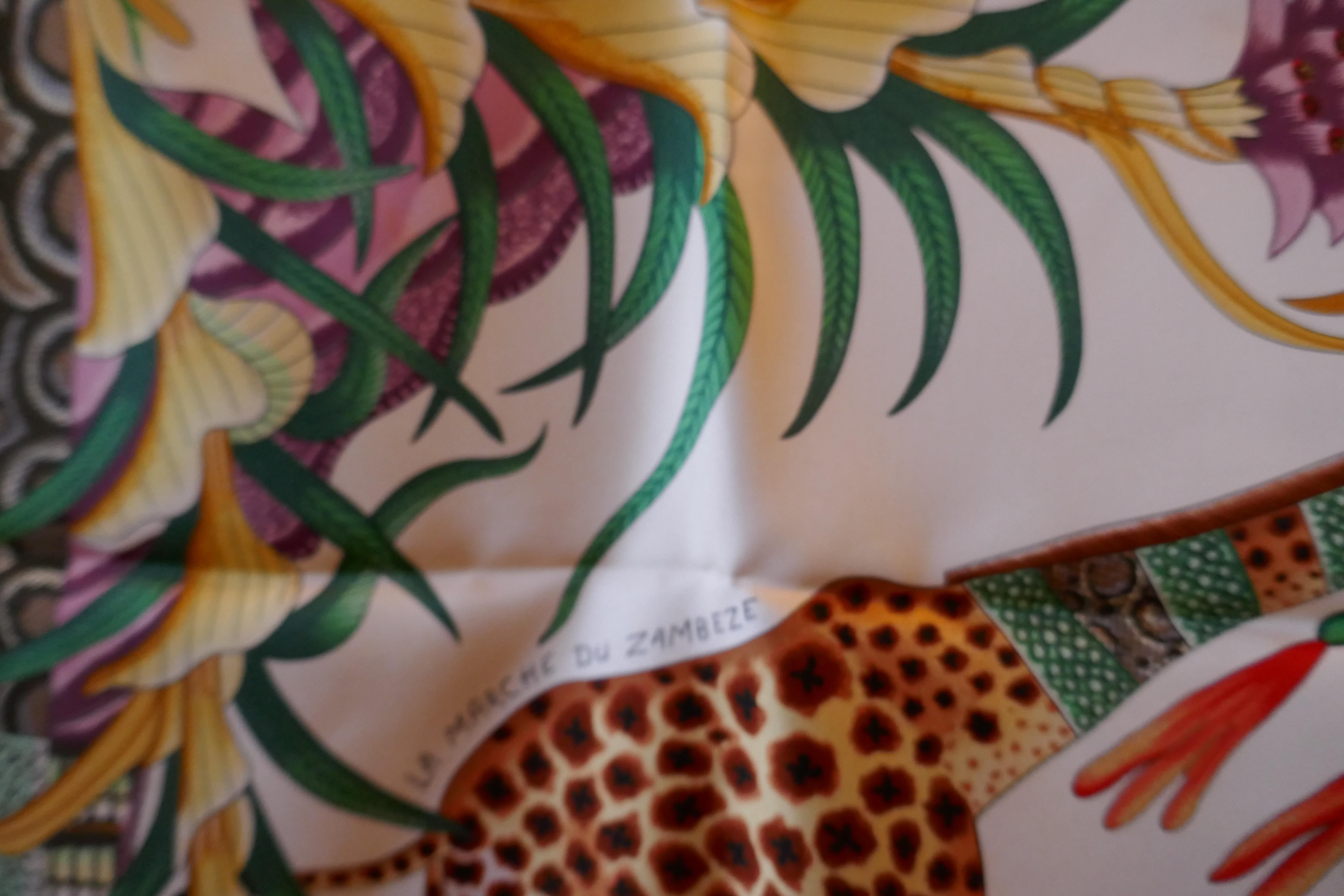 Gray HERMÈS Ardmore Artists design “La Marche du Zambeze” 100% Silk Scarf, 