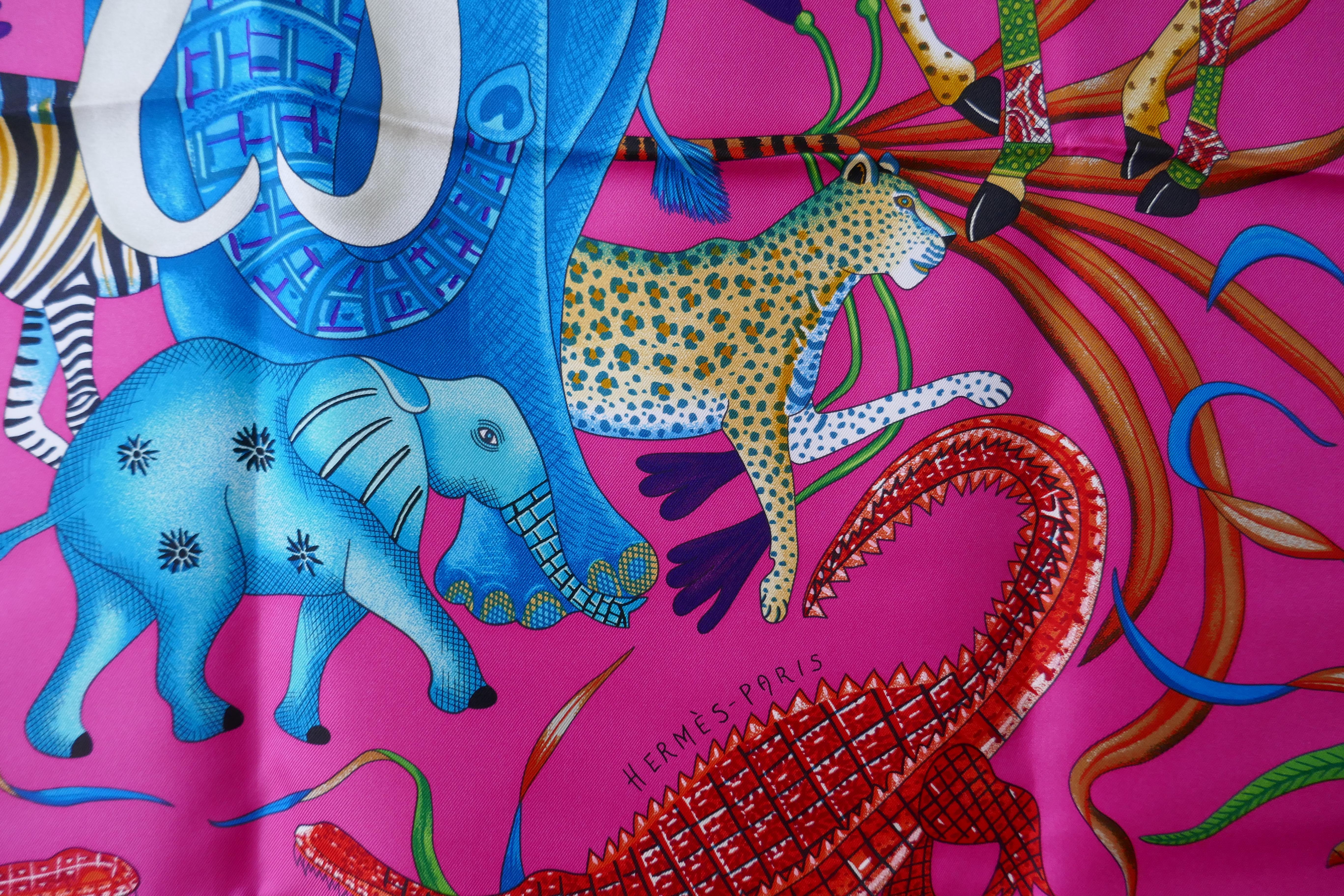 HERMÈS Ardmore Artists design “La Marche du Zambeze” 100% Silk Scarf,  In Good Condition In Chillerton, Isle of Wight