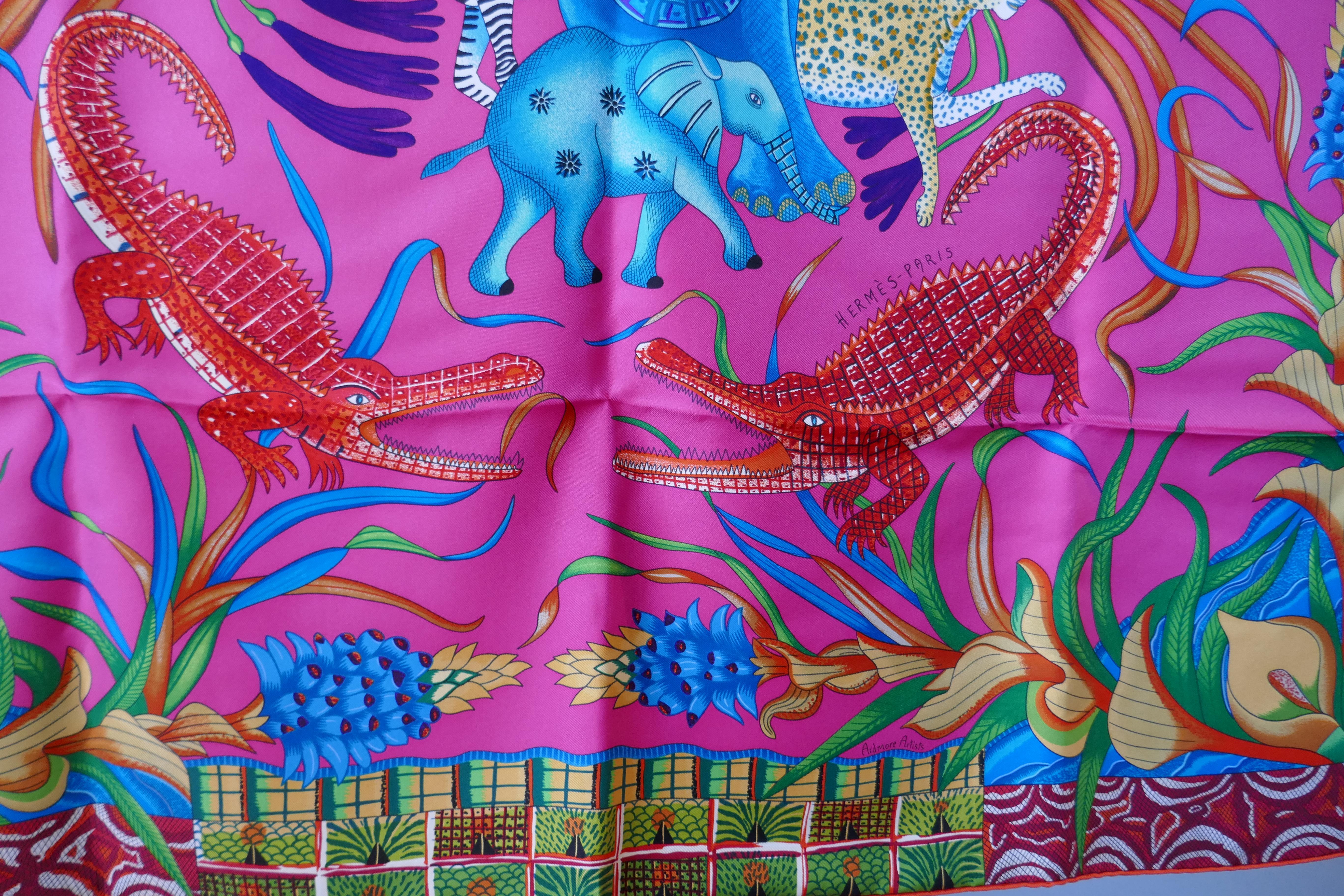 HERMÈS Ardmore Artists design “La Marche du Zambeze” 100% Silk Scarf  In Excellent Condition In Chillerton, Isle of Wight
