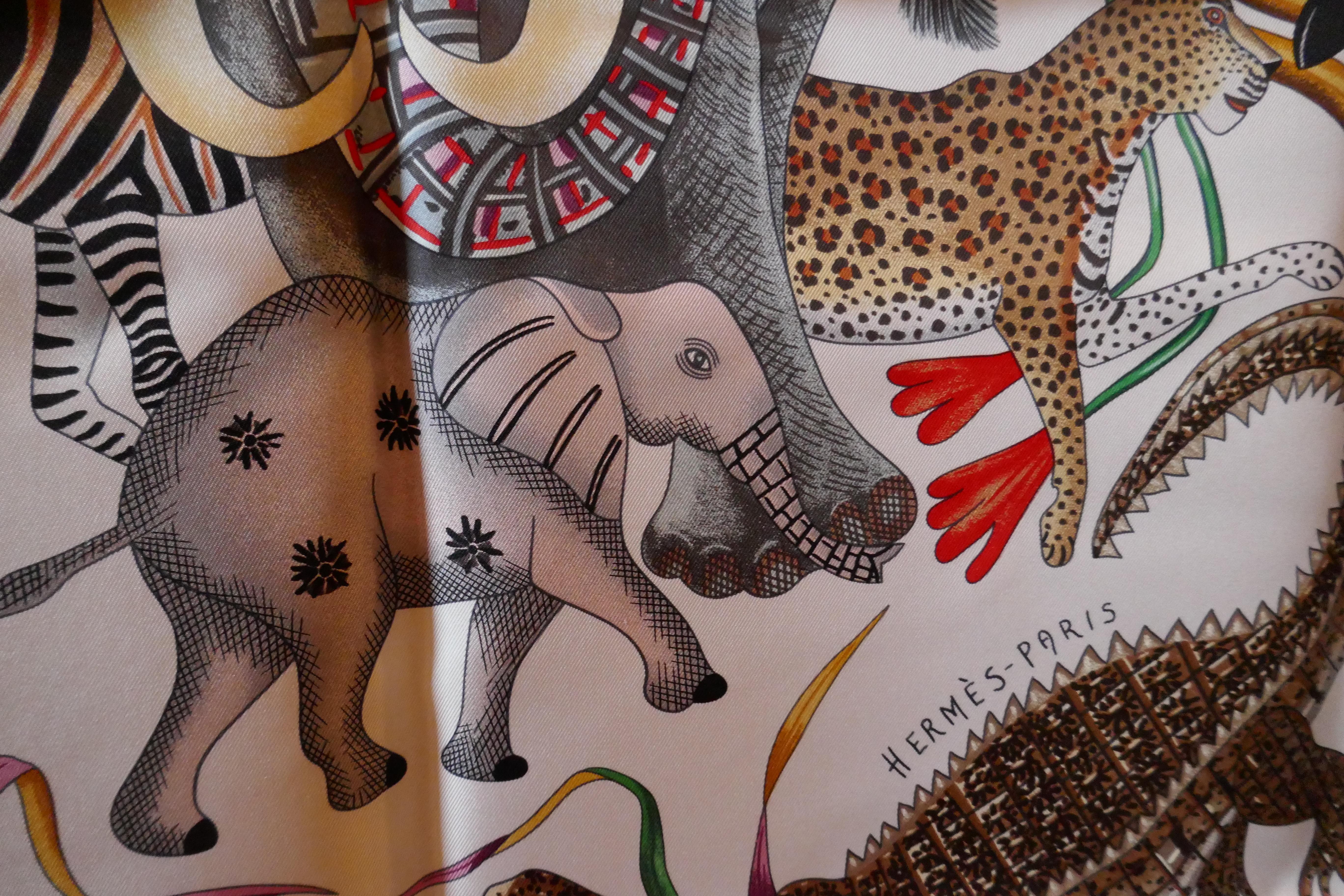 HERMÈS Ardmore Artists design “La Marche du Zambeze” 100% Silk Scarf, In Good Condition In Chillerton, Isle of Wight