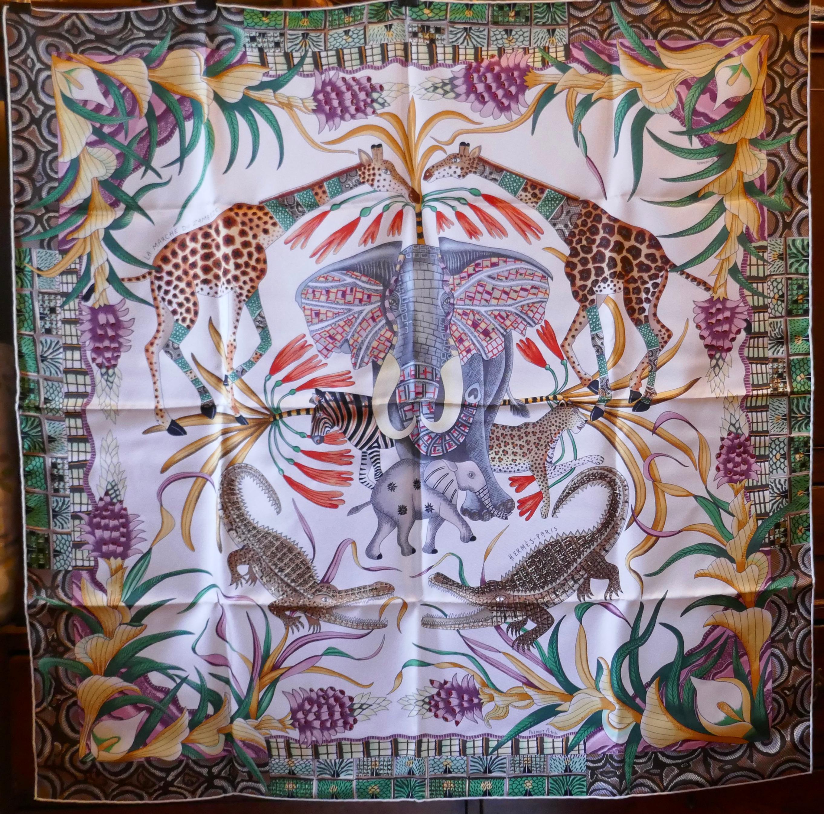 HERMÈS Ardmore Artists design “La Marche du Zambeze” 100% Silk Scarf,  1