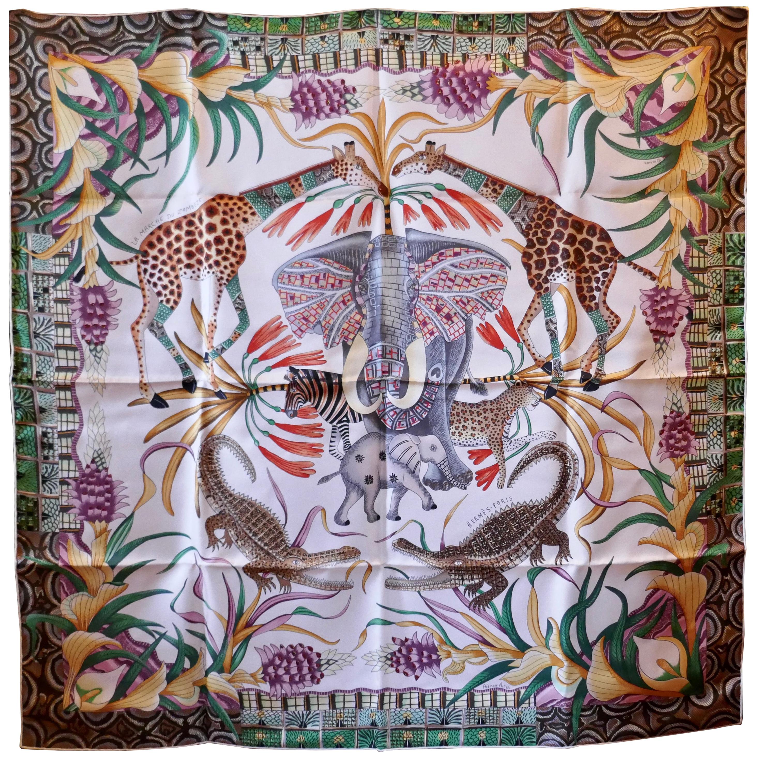 HERMÈS Ardmore Artists design “La Marche du Zambeze” 100% Silk Scarf, 