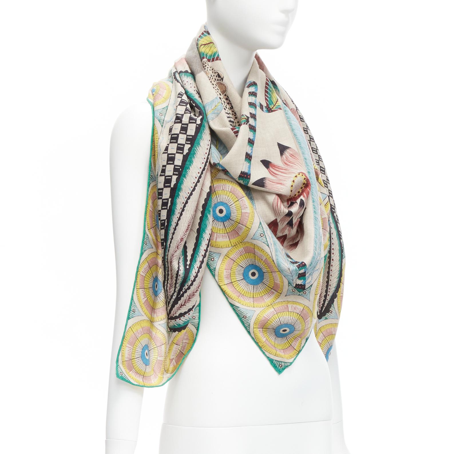 HERMES Ardmore Artists The Savana Dance 140 colorful cashmere silk print shawl In Excellent Condition In Hong Kong, NT