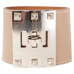 HERMES Argile beige Box leather KELLY DOG EXTREME Cuff Bracelet