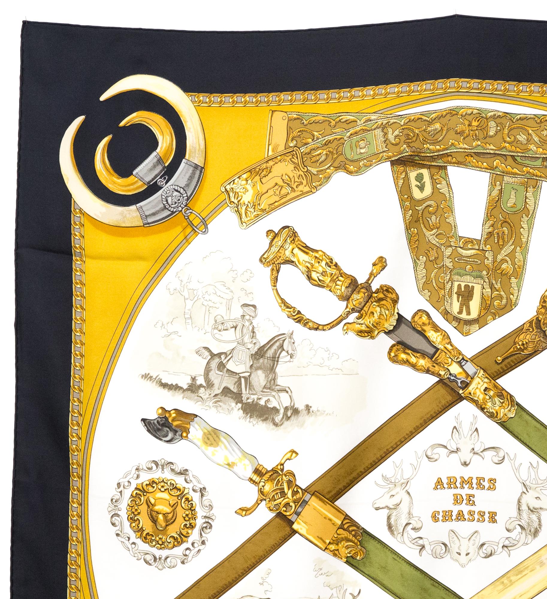Beige Hermes Armes de chasse by Philippe Ledoux Silk Scarf For Sale