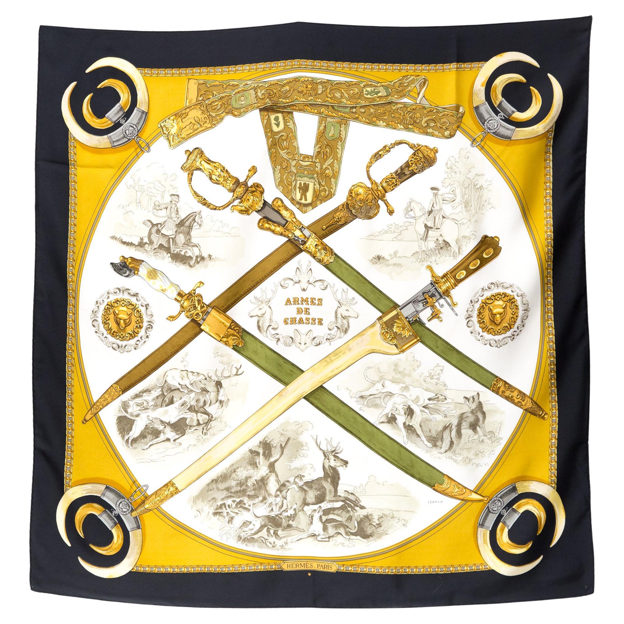 Hermes Armes de chasse by Philippe Ledoux Silk Scarf For Sale