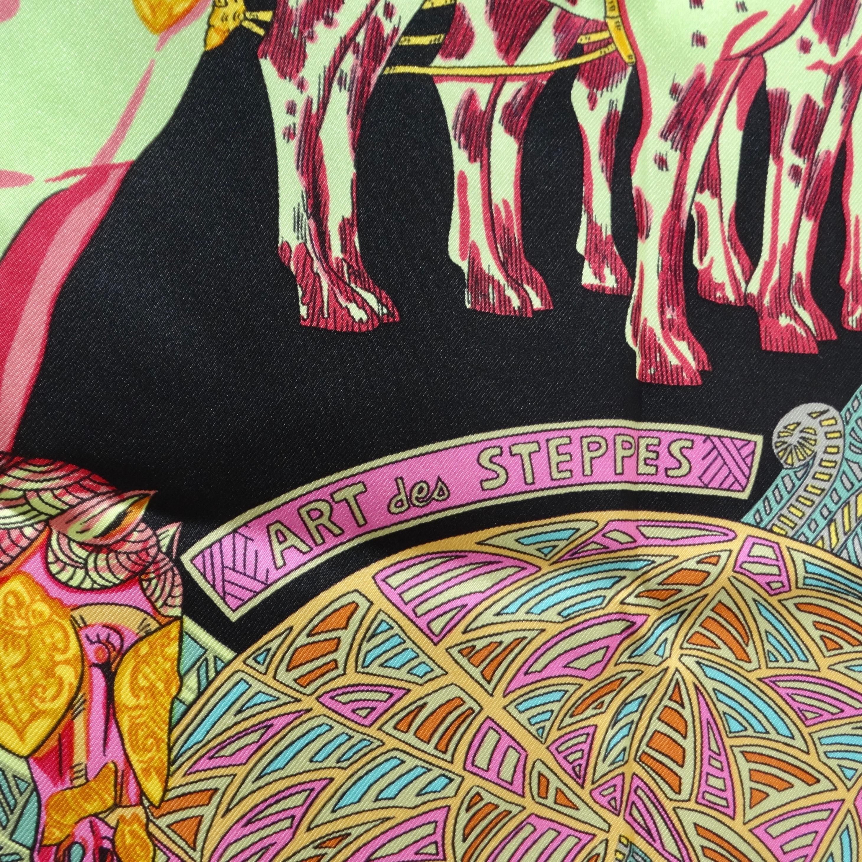 Introducing the Hermes Art Des Steppes Silk Scarf, a masterpiece of timeless elegance and vibrant artistry that is sure to elevate your style in infinite ways. This silk scarf by Hermes is a symbol of luxury and sophistication. Crafted from
