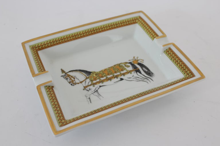 Hermes Ashtray Porcelain Equestrian White Gold Theme Horse 1990s at