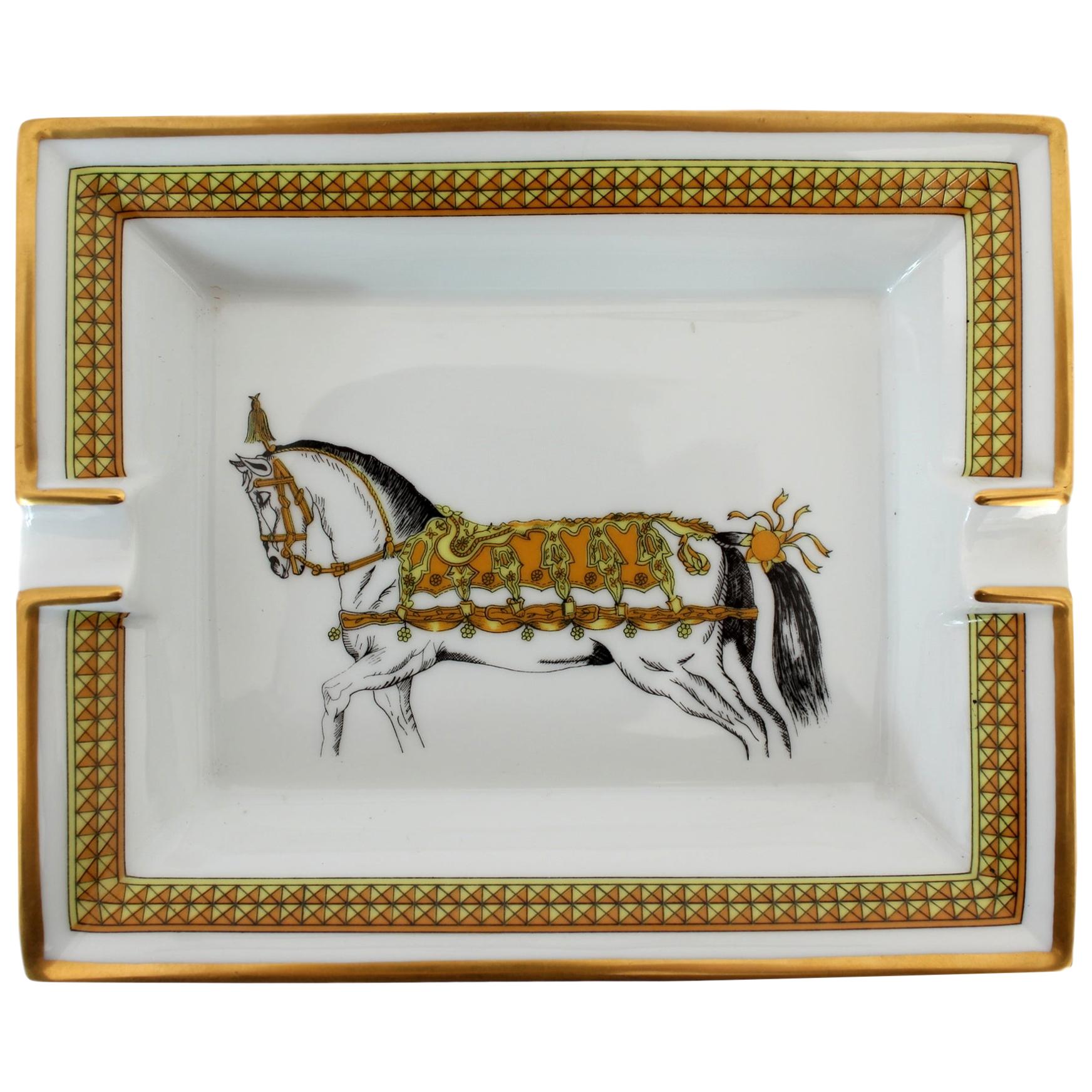 Hermes Ashtray Porcelain Equestrian White Gold Theme Horse 1990s 