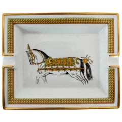 Vintage Hermes Ashtray Porcelain Equestrian White Gold Theme Horse 1990s 