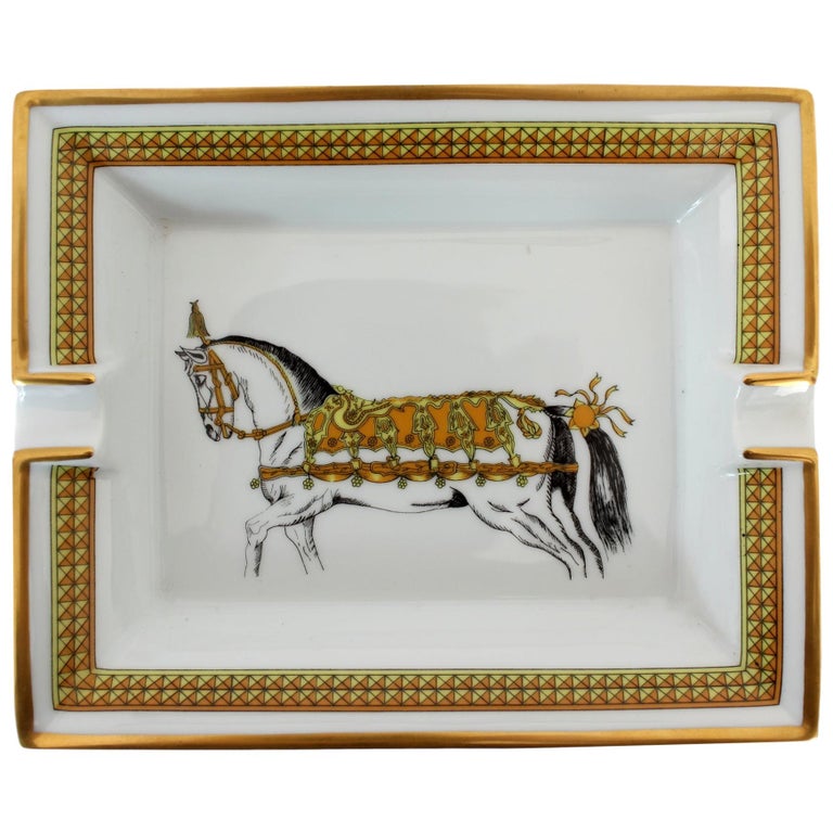 Hermes Ashtray Porcelain Equestrian White Gold Theme Horse 1990s at