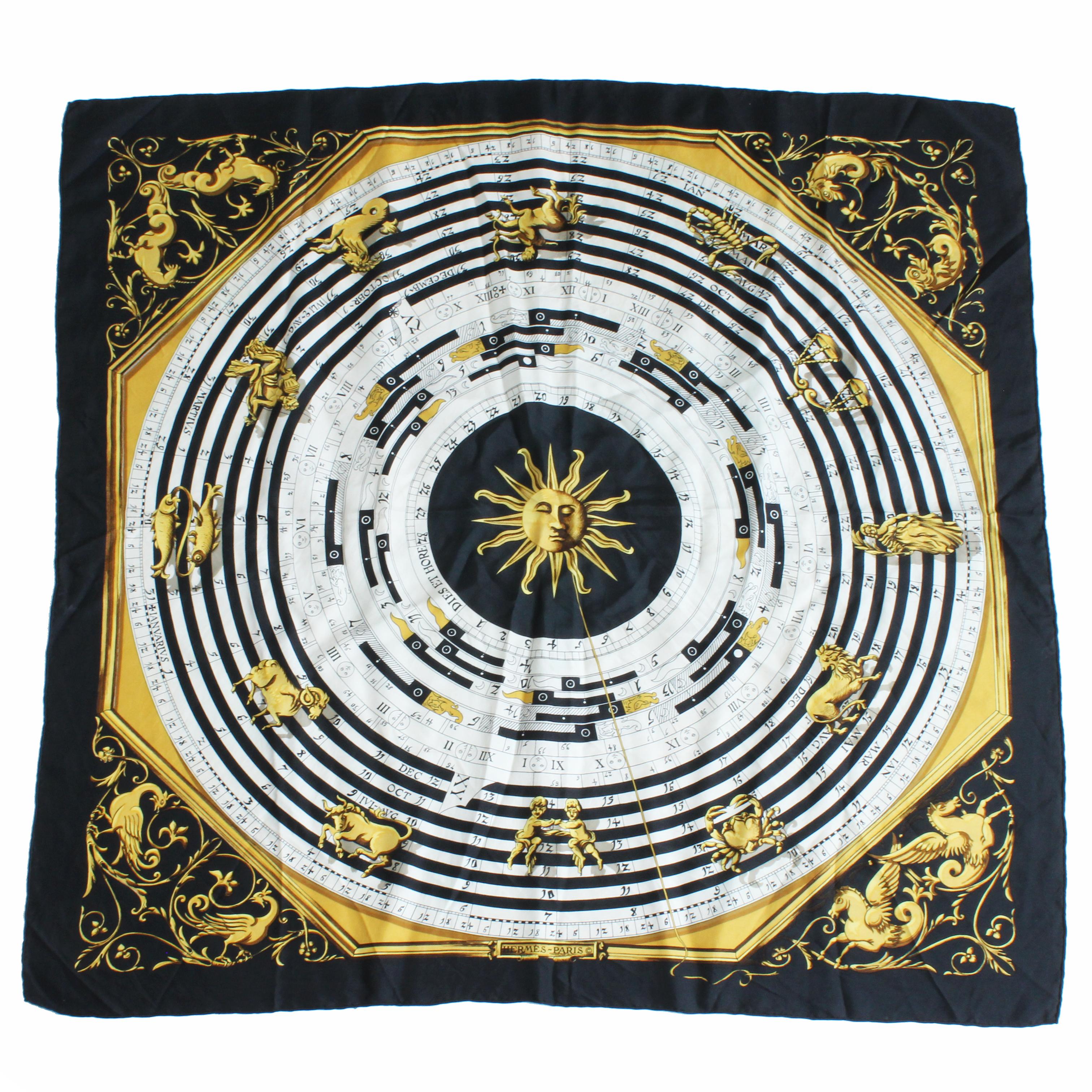 Hermes Astrologie Dies Et Hores Silk Scarf Shawl Carre 90cm Vintage 70s In Good Condition In Port Saint Lucie, FL