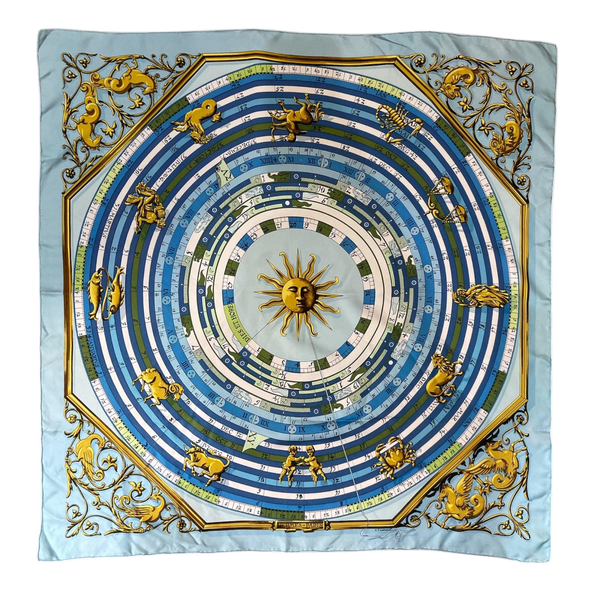 Hermes "Astrologie Forever" Blue Horoscope Print Silk Twill Scarf, 1990s For Sale
