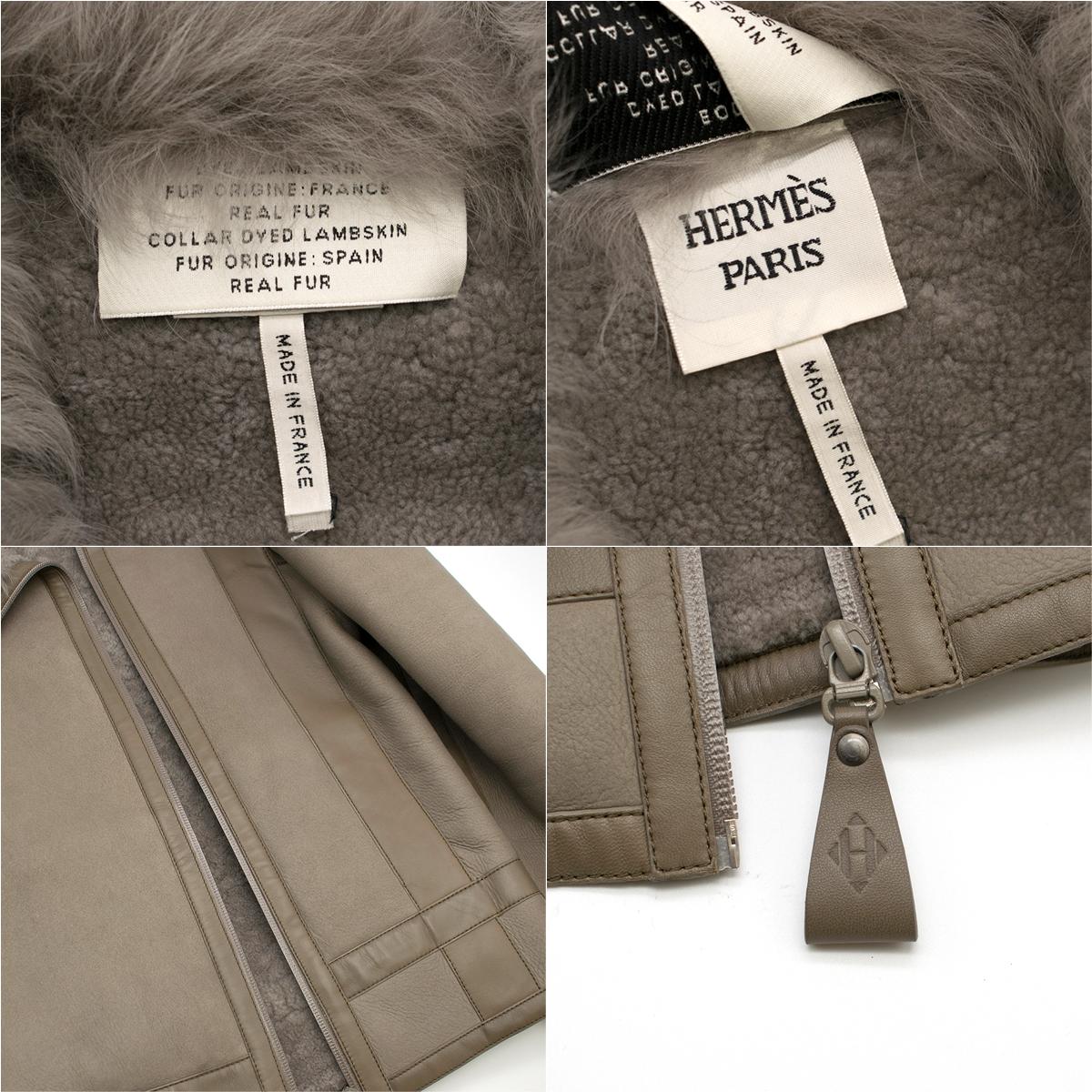 Hermes Asymmetric Suede & Shearling Jacket With Lambs Fur Collar FR 36 In Excellent Condition In London, GB