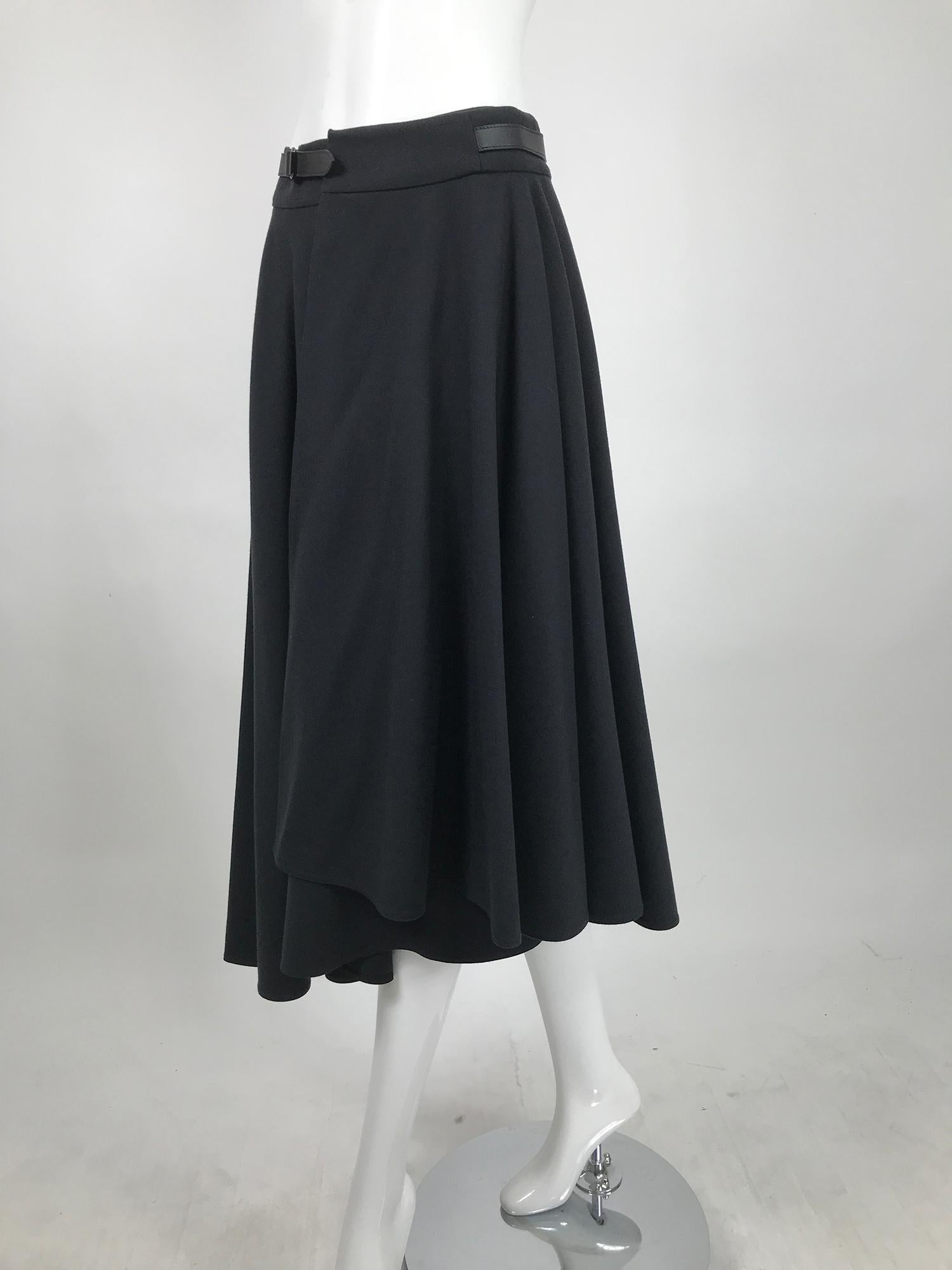 Hermès Asymmetrical Black Wool Full Circle Wrap Skirt with Leather Belt 3