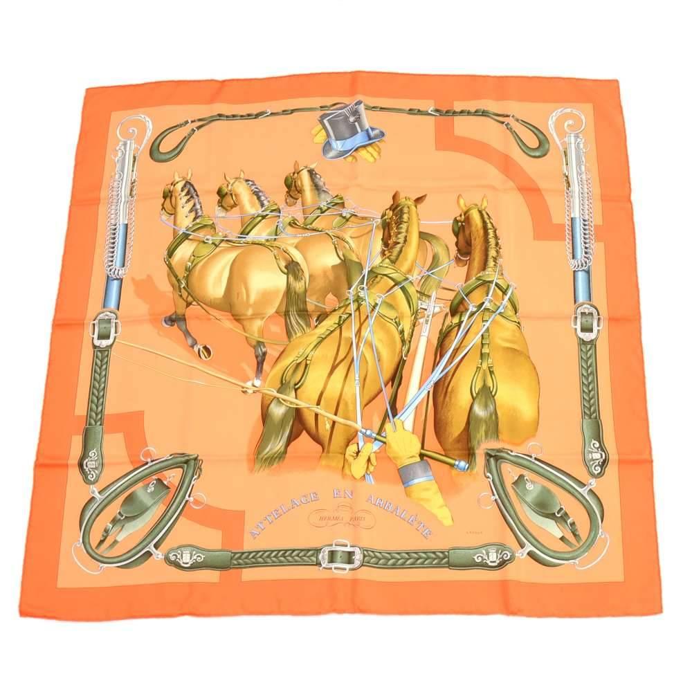 Hermes Attelage en Arbalète Orange Silk Scarf 90  For Sale