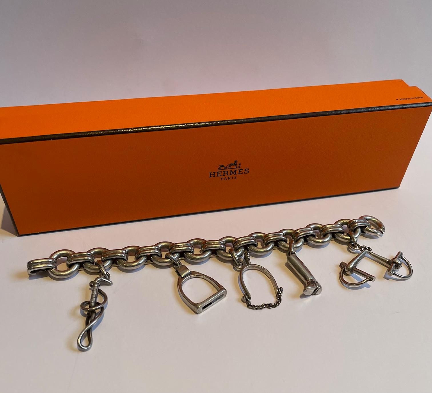 HERMÈS ATTRIBUTED Rare Horse Equine Silver Charm Bracelet C.1950 In Good Condition In London, GB