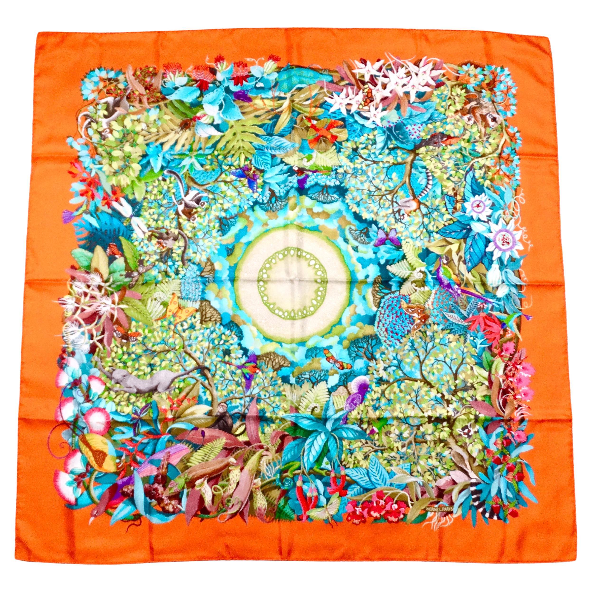 Hermes "Au Coeur de La Vie" 90 cm Orange Rainforest Print Silk Scarf For Sale