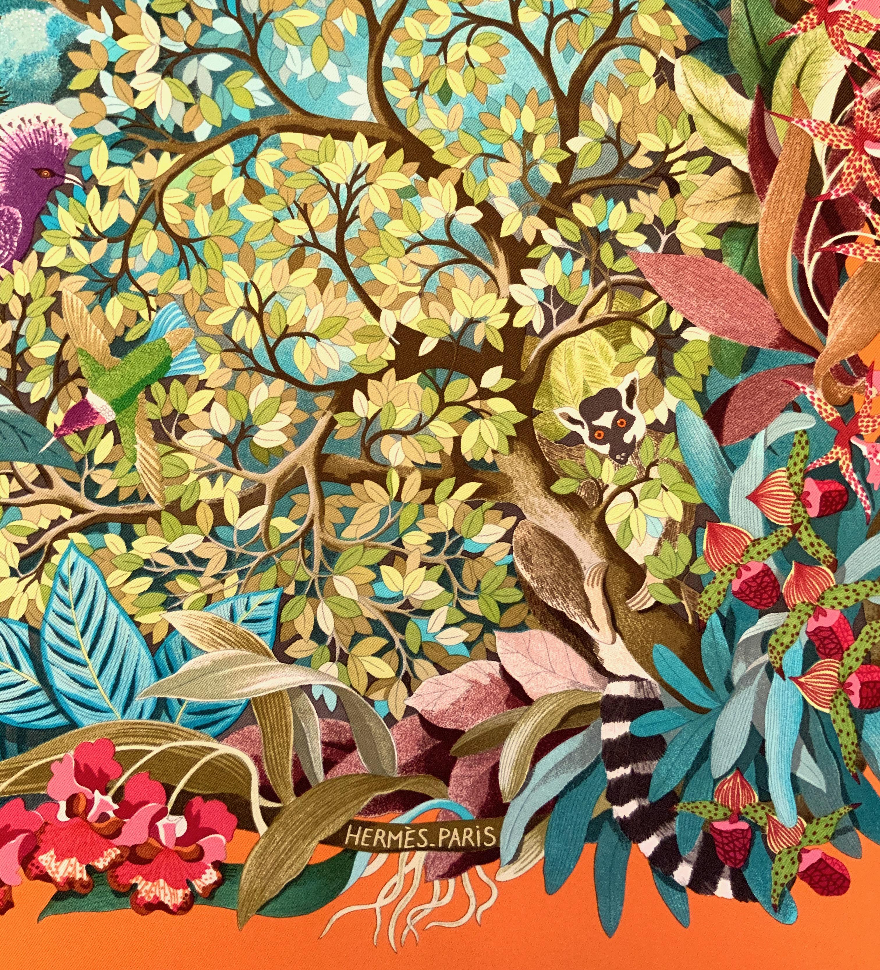 Designed in 2007 by Aline Honoré, this pre-owned but recent Hermès silk scarf is in excellent condition.
The scarf has a lively jungle scene with numerous animals surrounding a central sun on an orange background.

Fabric: 100% silk
Color: