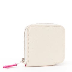 HERMES Azap Compact white leather pink printed silk zip around coins holder