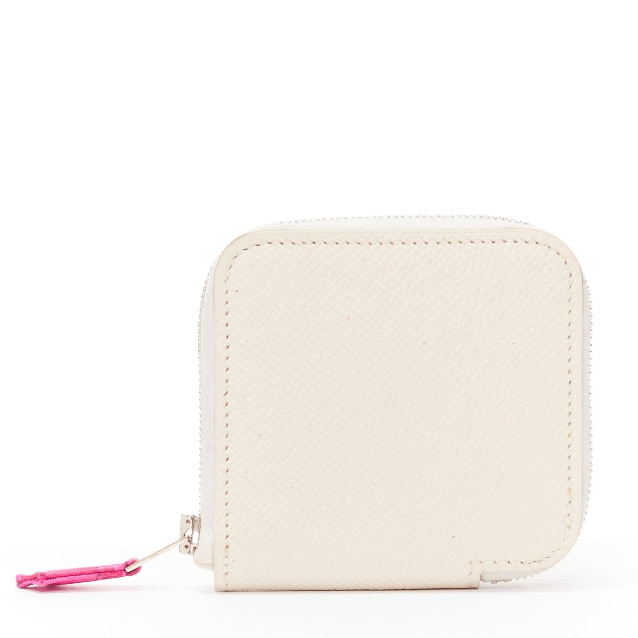 Beige HERMES Azap Compact white leather pink printed silk zip around coins holder