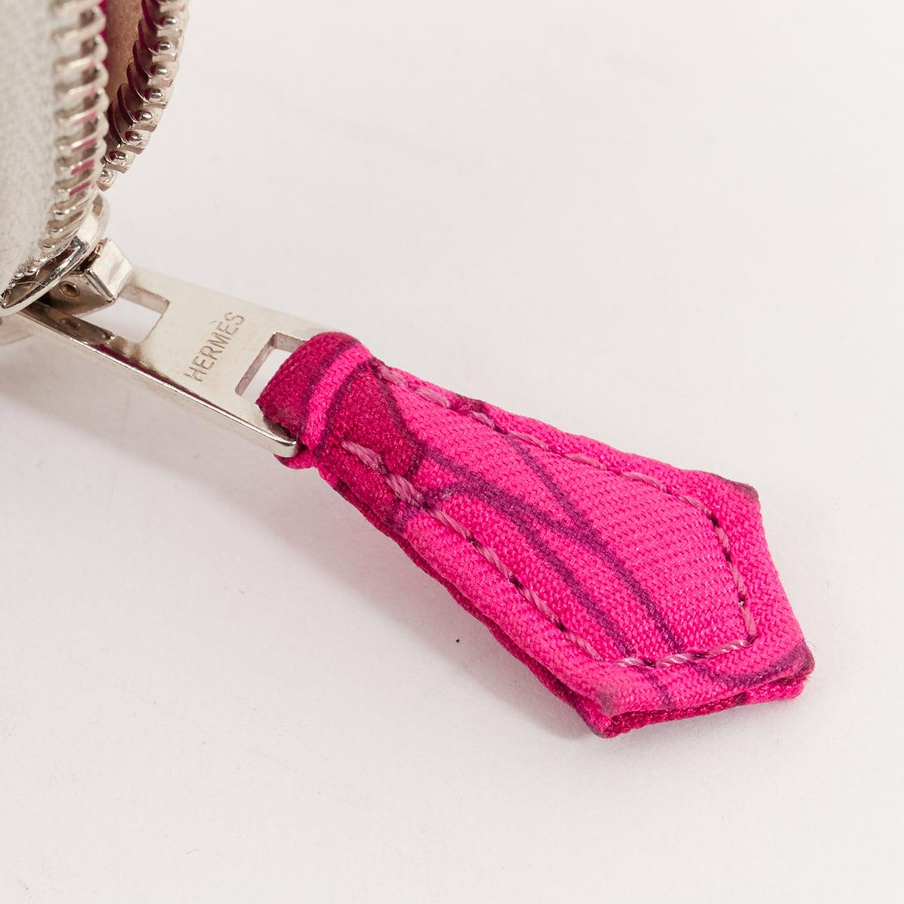 HERMES Azap Compact white leather pink printed silk zip around coins holder 3