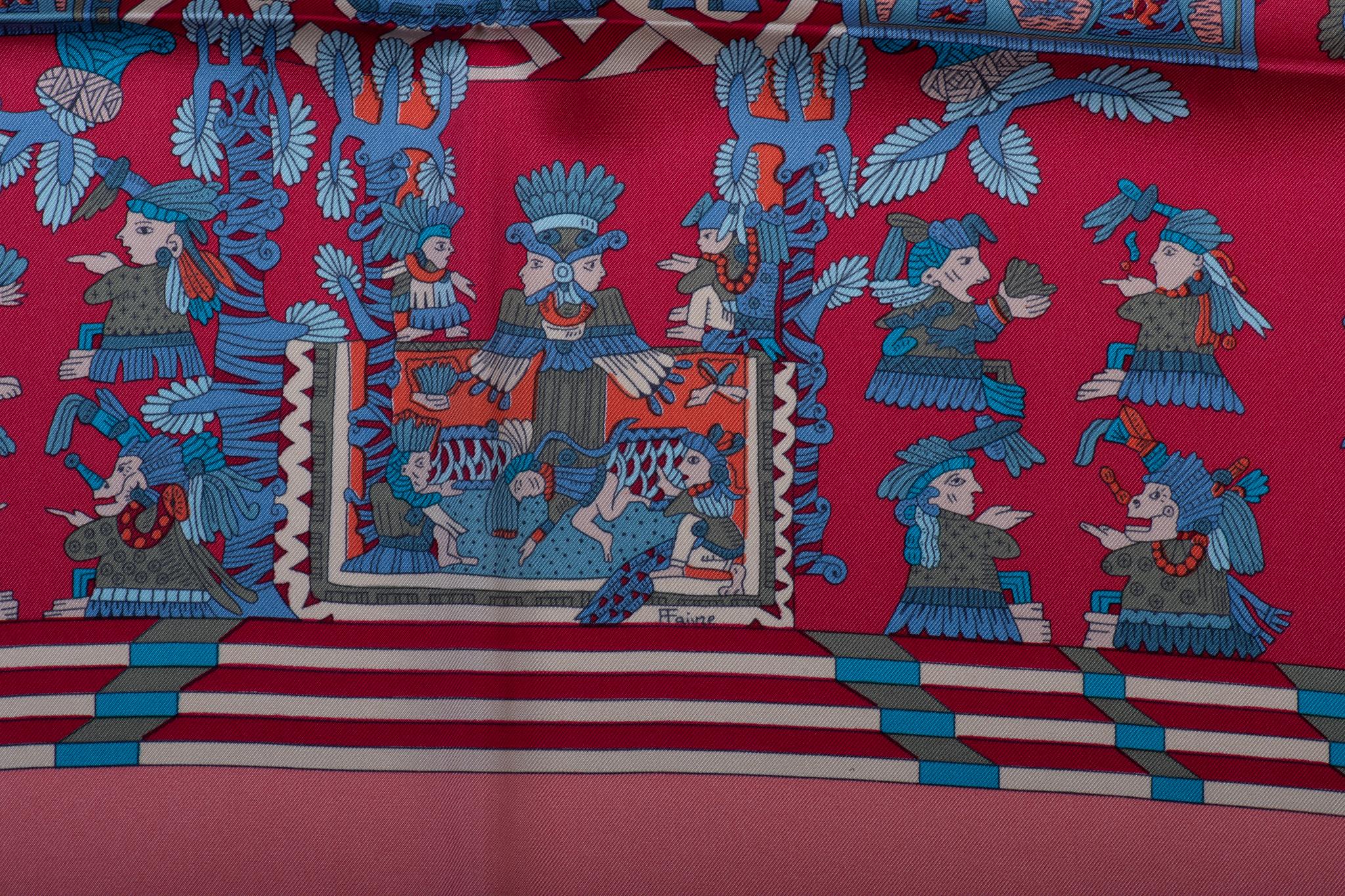 Brown Hermes Aztec Garden Pink Silk Scarf