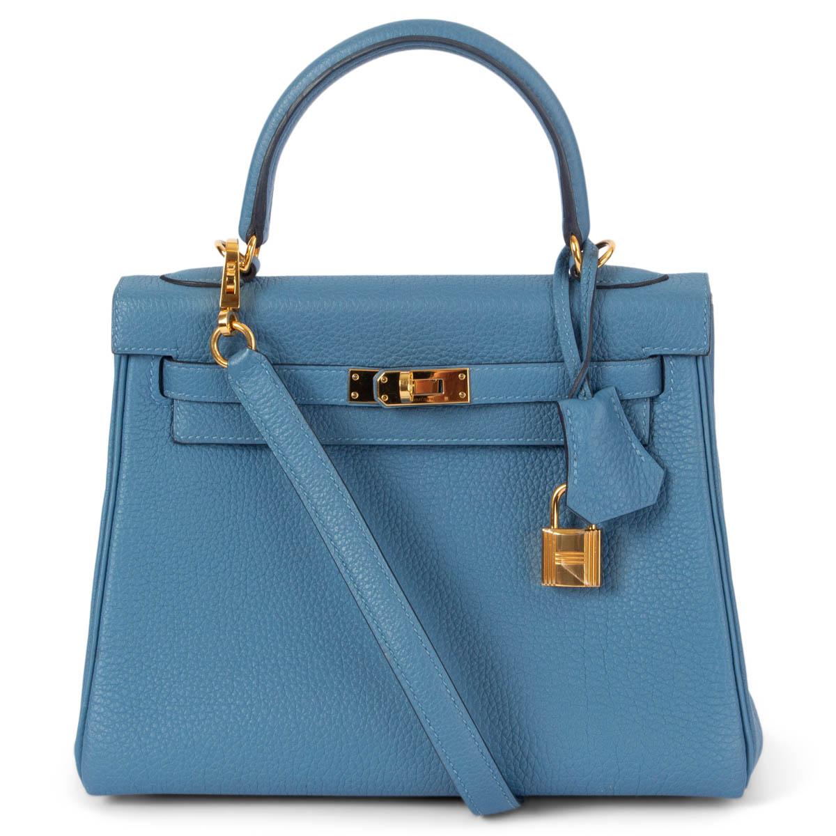 HERMES Azur blue Togo leather KELLY 25 RETOURNE Bag w Gold For Sale 1