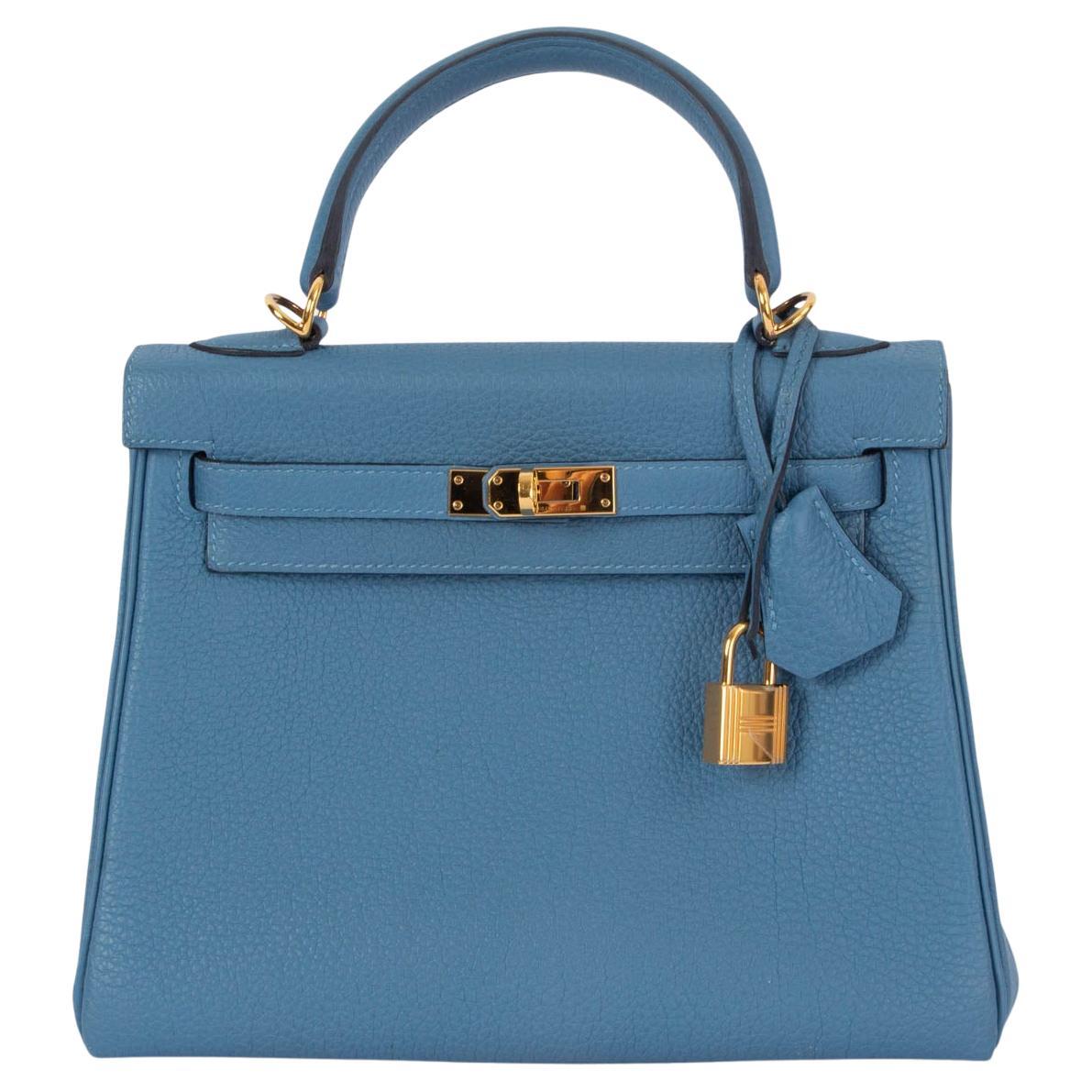 HERMES Azur blue Togo leather KELLY 25 RETOURNE Bag w Gold For Sale