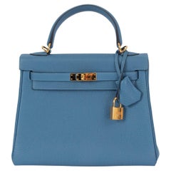 HERMES Azur blue Togo leather KELLY 25 RETOURNE Bag w Gold