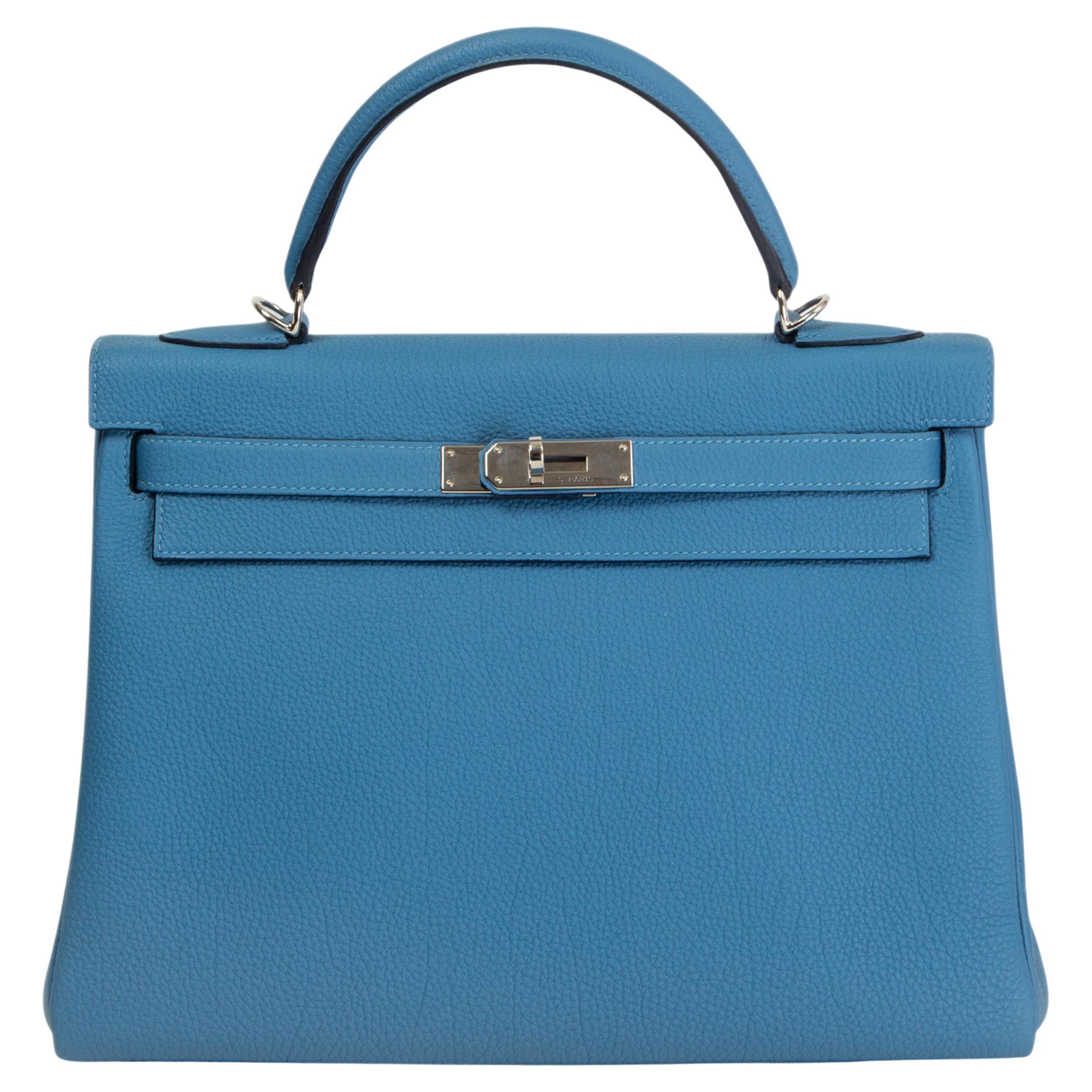 HERMES Azur blue Togo leather KELLY 32 RETOURNE Bag Palladium